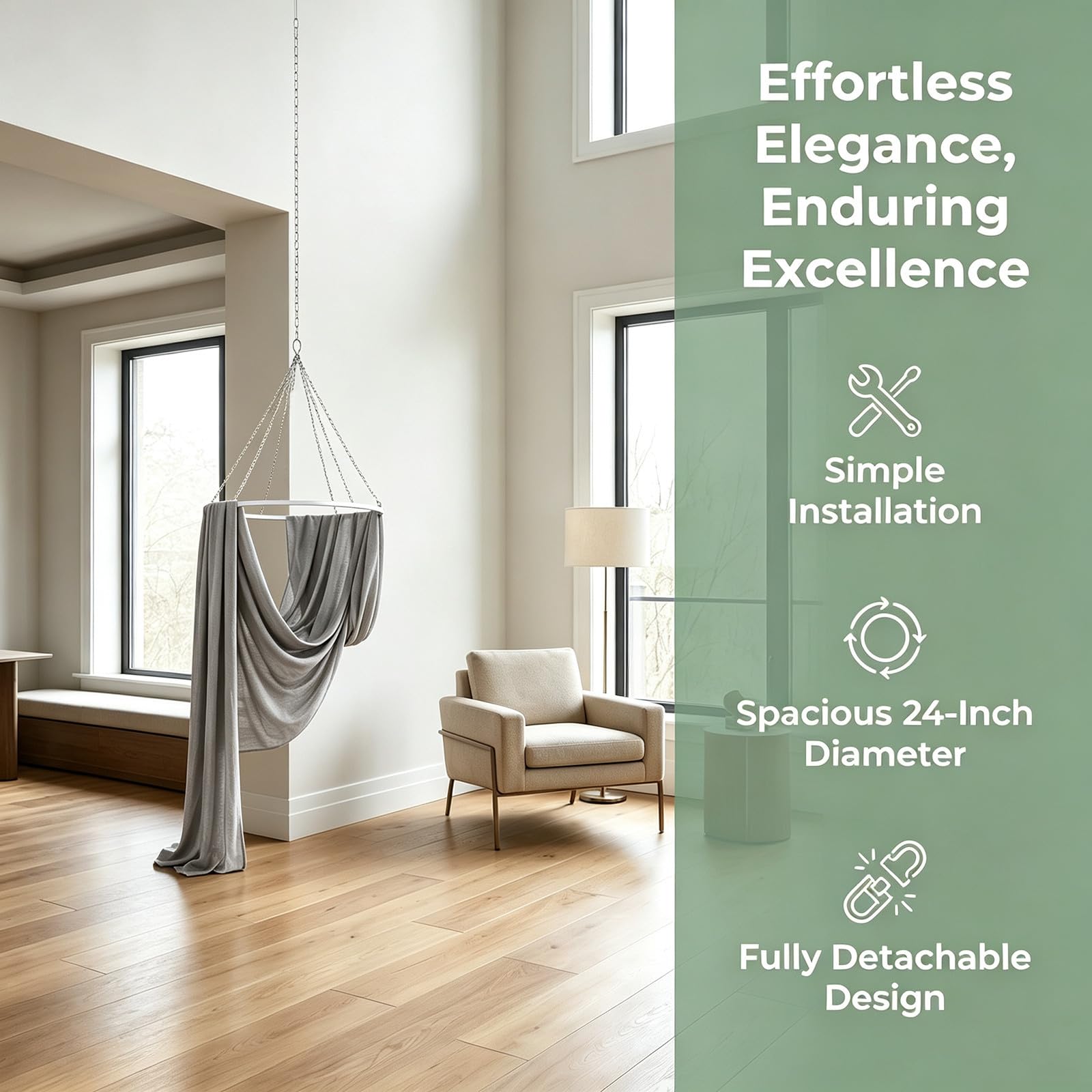 Deckenbaldachin Aufhängeset 24 Zoll Silbermetallic aus Eisen und Edelstahl | Abnehmbar, Runde Form, Ketten und Haken Inklusive, für Bridal Shower und Outdoor, Leicht Montierbar