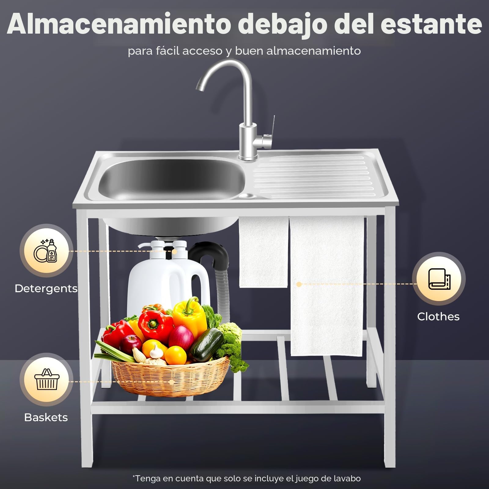 Fregadero independiente para exteriores, fregadero de acero inoxidable con mueble inferior, lavabo, adecuado para comedores, cocinas y garajes.