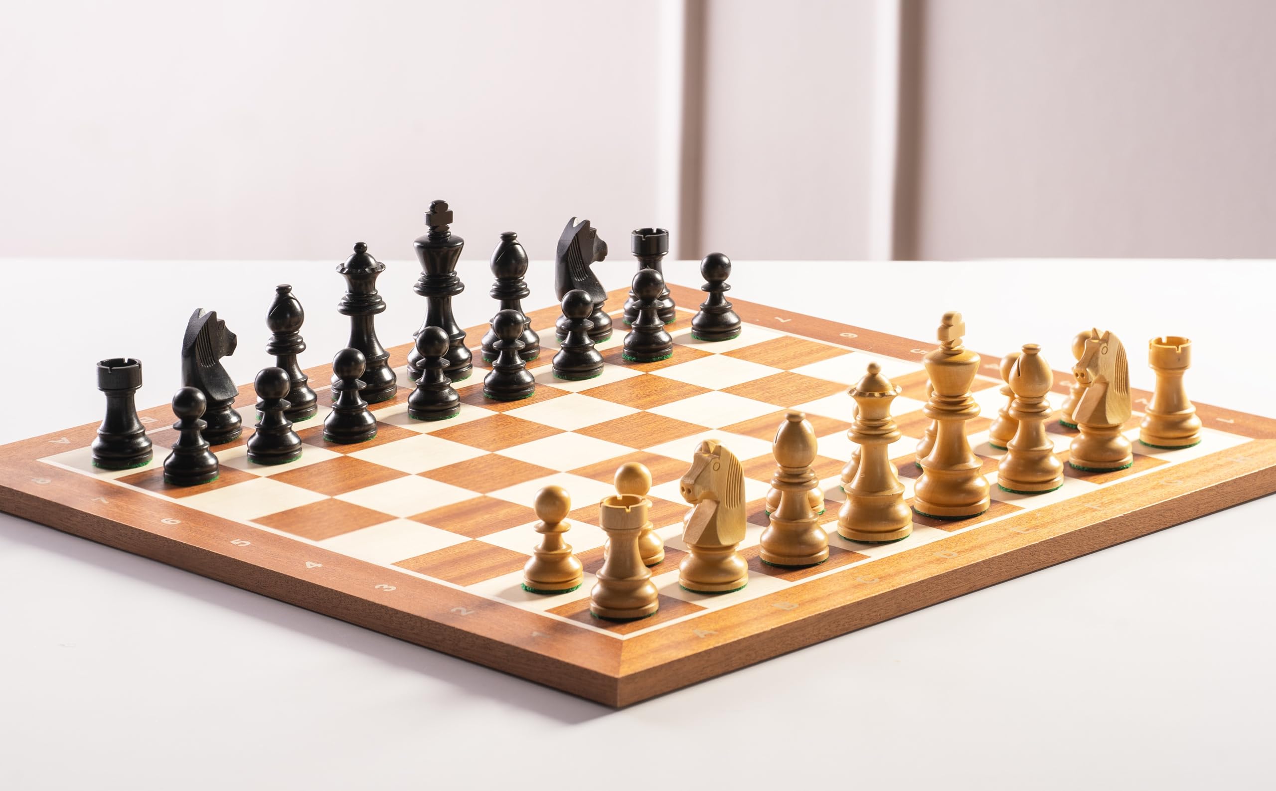 Sunrise Chess Schachbrett Nr. 5 Mit Beschreibung Mahagoni/Bergahorn Intarsien Turnier-Vorstand Elegantes Design Geschenkidee Ideal für mittlere Figuren Feldmaße: 50 mm
