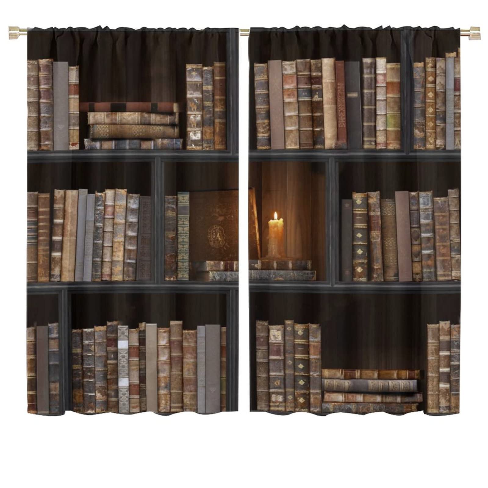 Vintage Bookshelf Blackout Curtains Retro Black Wood Bookshelf Old Books Design Window Drapes for Kids Boys Girls Living Room Bedroom Decor Room Darkening Wide Curtains 72x63in