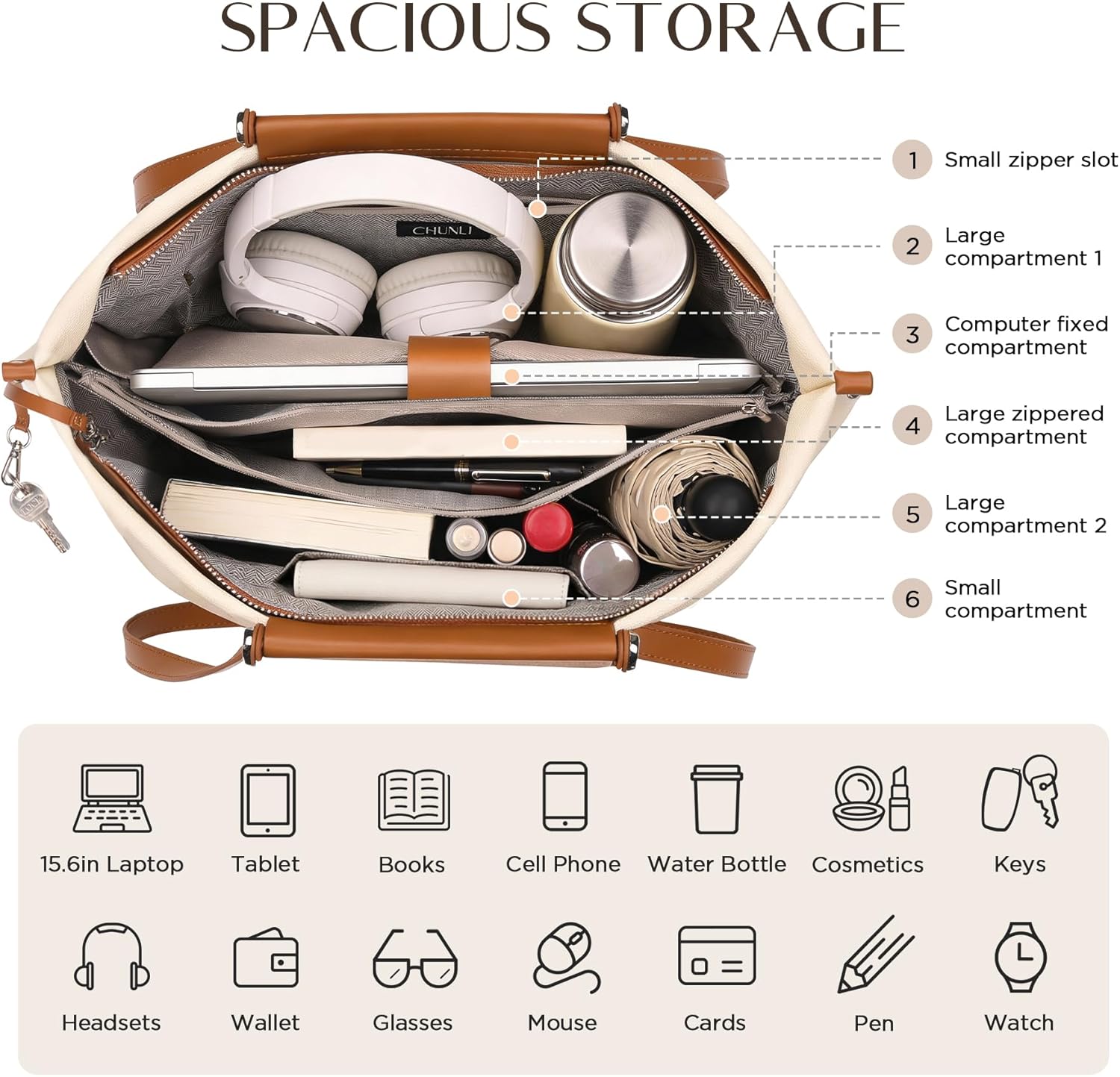 CHUNLI Laptop Tote Bag for Women,15.6 Inch Leather Work Bag Computer Purse, Waterproof Business Briefcase Handbags - Image 3