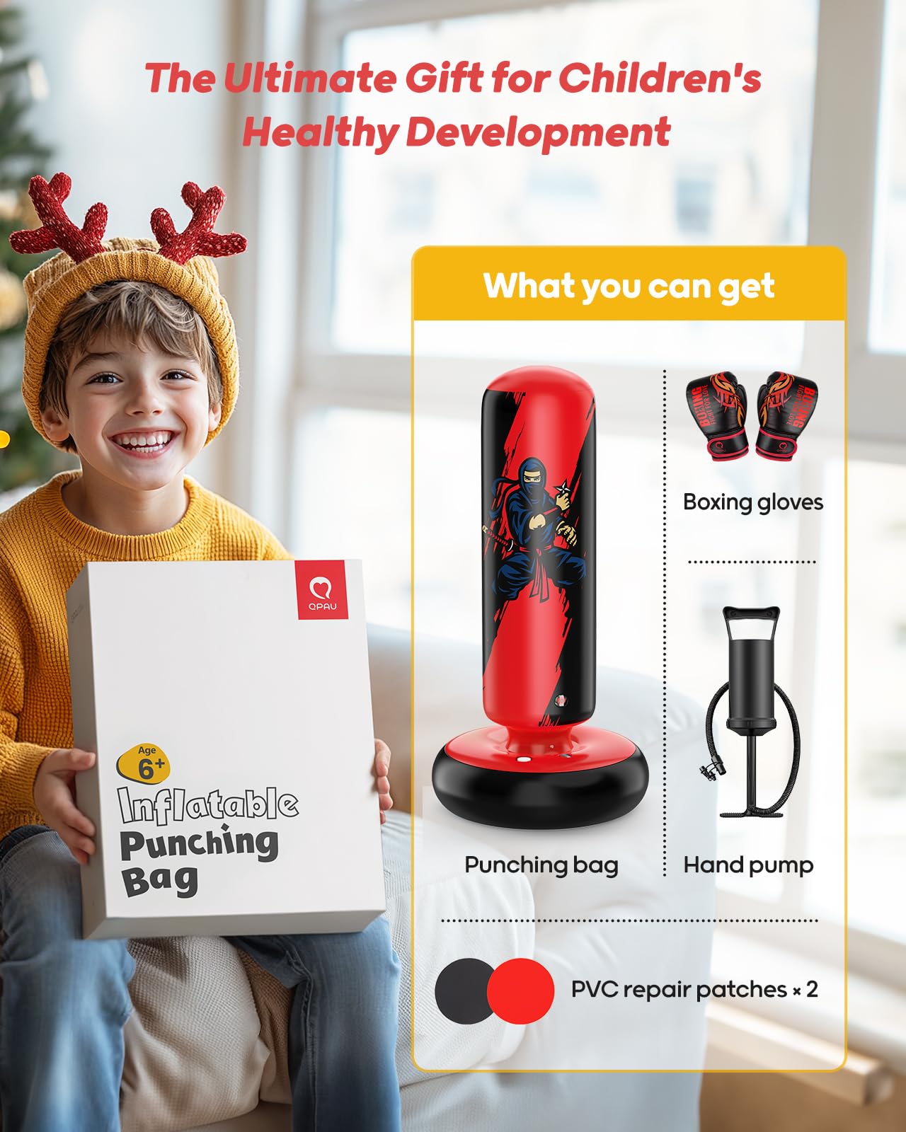 QPAU Inflatable Punching Bag for Kids with Boxing Gloves, 66 in, Red
