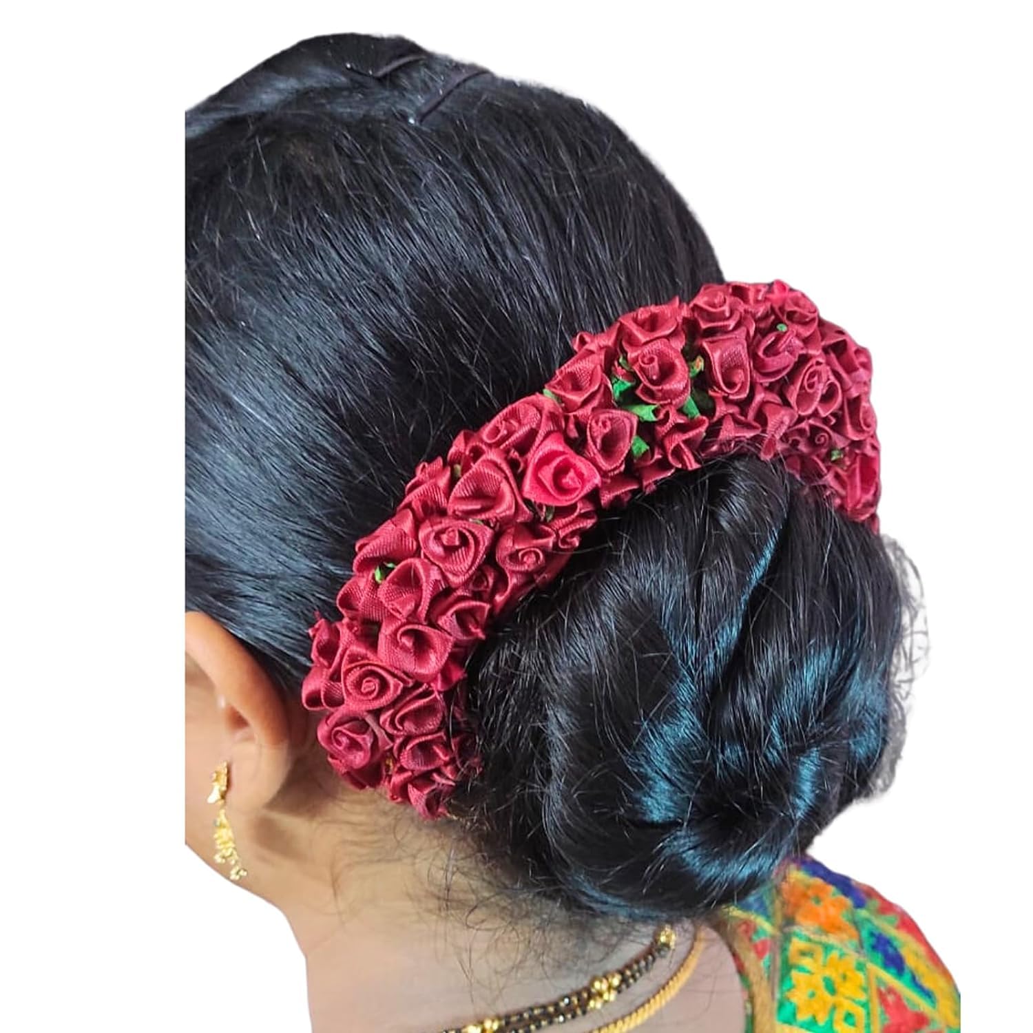 Gozby WellPoint Artificial Flower Gajra Bun Juda Maker – Hair Accessories for Women & Girls, White & Maroon Floral for Wedding, Bridal, Bridesmaid & Festive Decoration (2 psc) 4