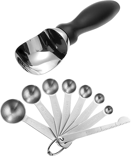Spring Chef Cuchara de helado de acero inoxidable premium, cucharas medidoras redondas de acero inoxidable y negro, juego de 8-2 productos