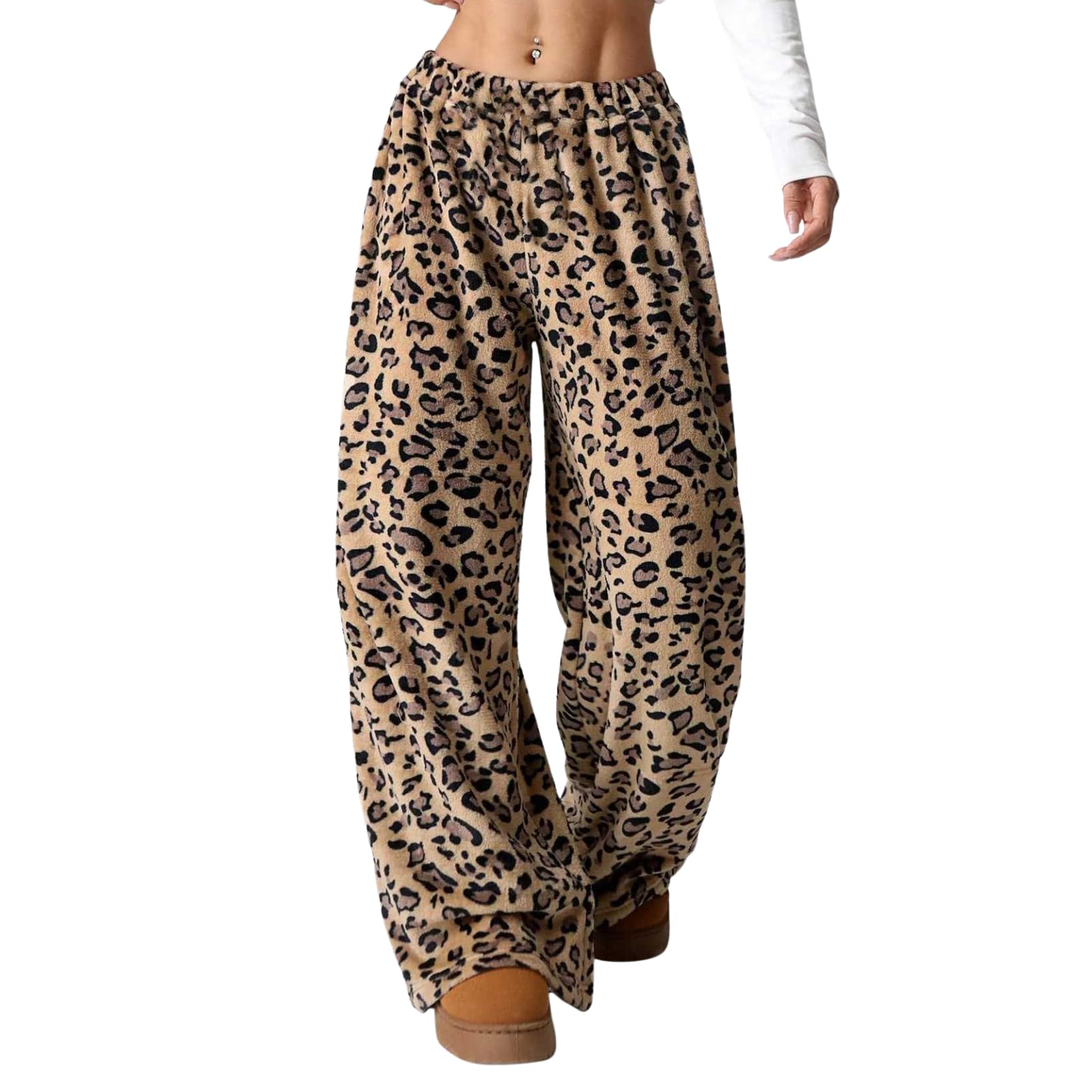 Leopard Print Plush Pants for Women Cozy Wide Leg Trousers Y2K Fashion Fleece Lounge Pants Warm Fuzzy Bottoms