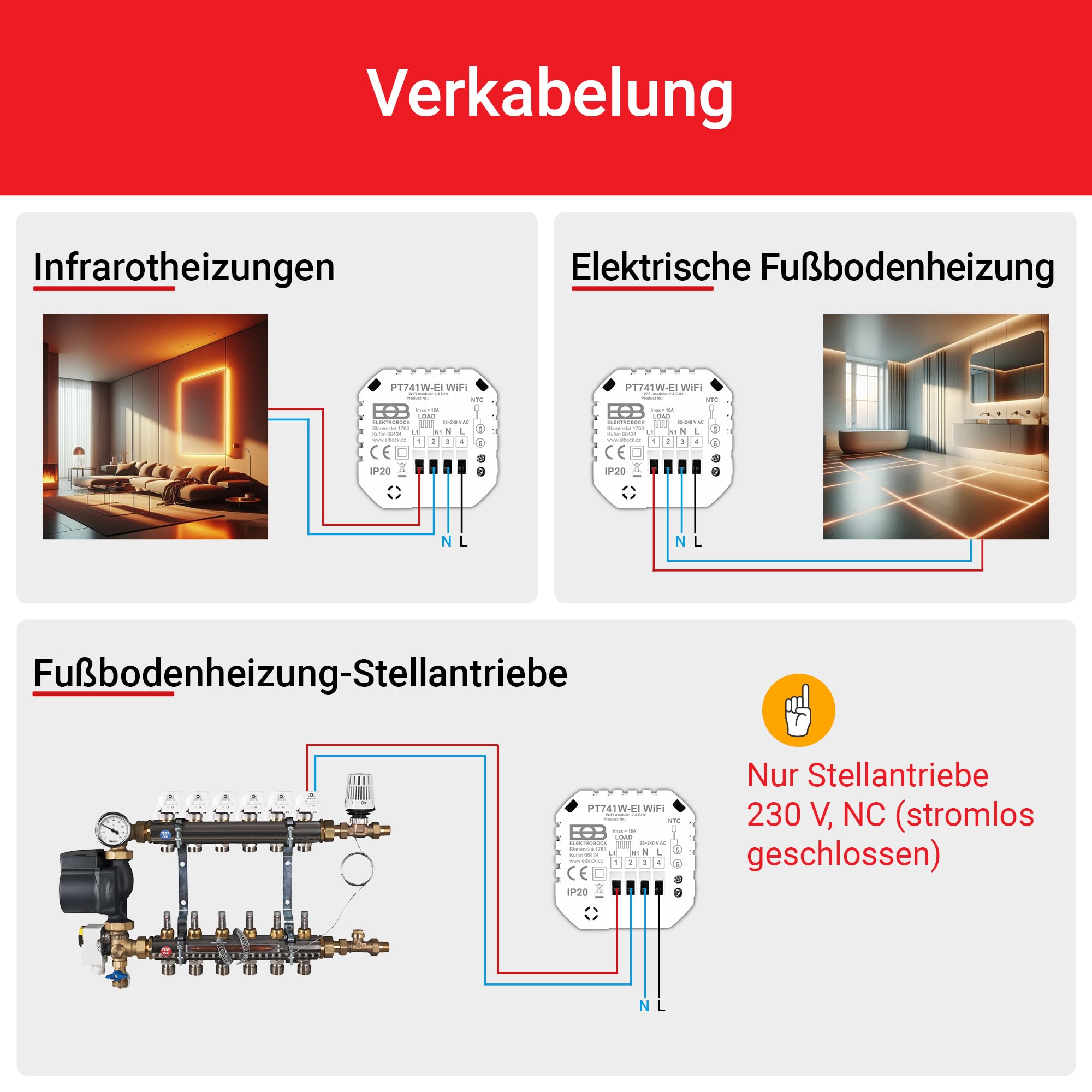 Elektrobock PT741W-EI Raumthermostat mit WiFi | Smartes Thermostat für Fußbodenheizung & Elektroheizung | 6 Programme/Tag | Geofencing & Fenster-Offen-Erkennung | 230V, 16A, Weiß