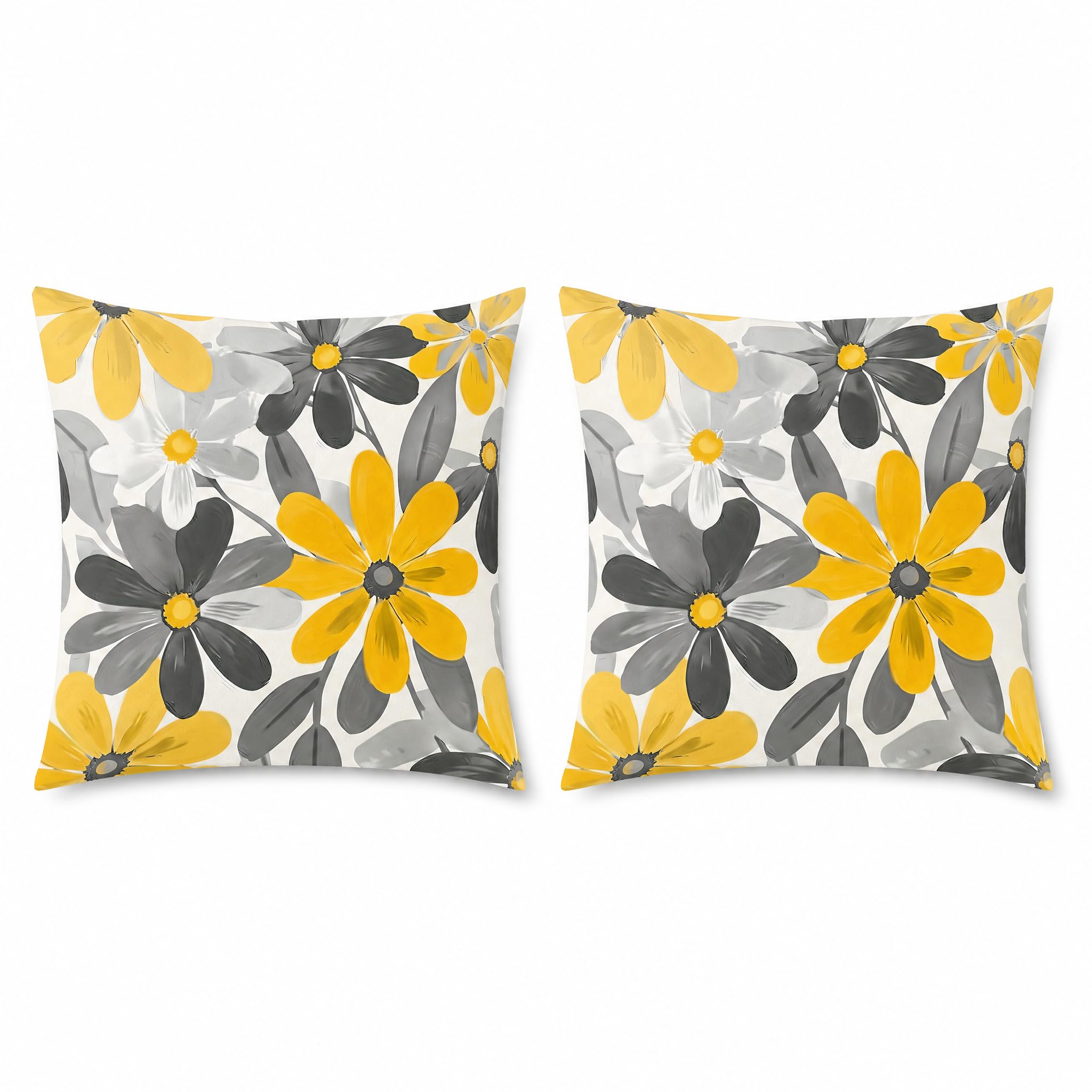 PVOODIRE Yellow Grey Cushion Cover, 40 x 40 cm, Set of 2, Plush Floral Pattern, Decorative Cushion for Living Room, Sofa without Filling