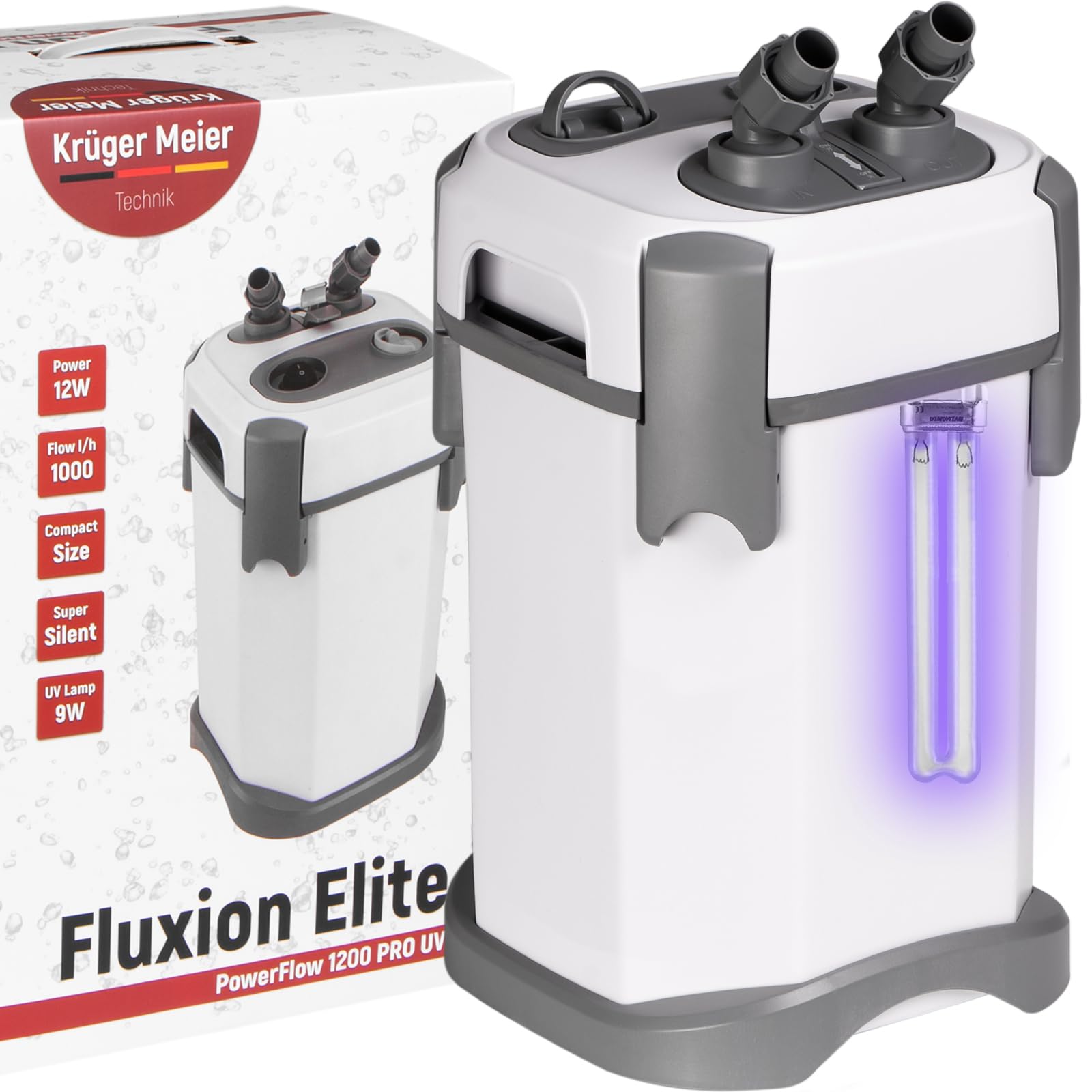 Fluxion Elite 1200 UVC PRO – Filtro Esterno per Acquario 100-250L con Lampada UV 9W, 3 Cestelli, Silenzioso, Regolazione Portata, Skimmer, Accessori Inclusi