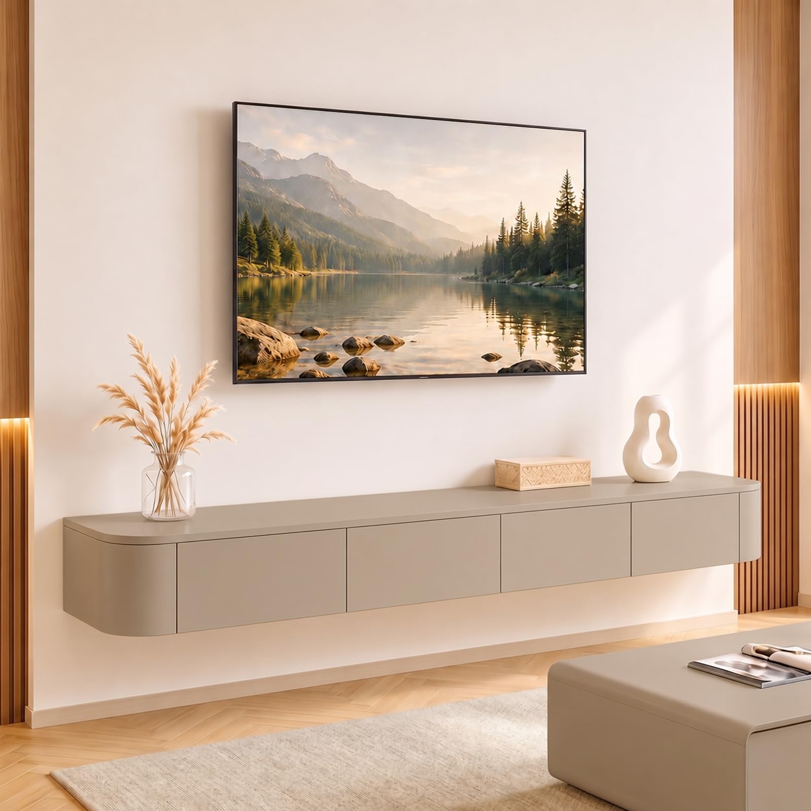 Modernes Schwebendes TV-Regal | Wandmontierte Unterhaltungsmedien-Konsole | Großes Aufbewahrungs-TV-Bank für Wohnzimmer & Büro (Khaki, 180cm)