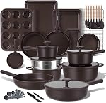 JEETEE 50-Piece Titanium Pots and Pan Set Non Stick, Cookware Set with 6pc Bakeware, Professional Pots and Pans Set for New Home Cooking, Induction & Oven Safe, PFAS Free, Mocha Brown