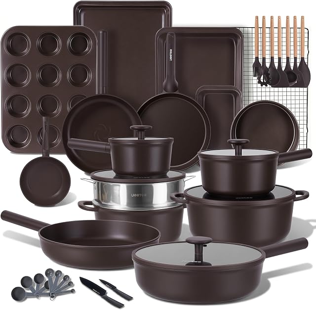 JEETEE 50-Piece Titanium Pots and Pan Set Non Stick, Cookware Set with 6pc Bakeware, Professional Pots and Pans Set for New Home Cooking, Induction & Oven Safe, PFAS Free, Mocha Brown
