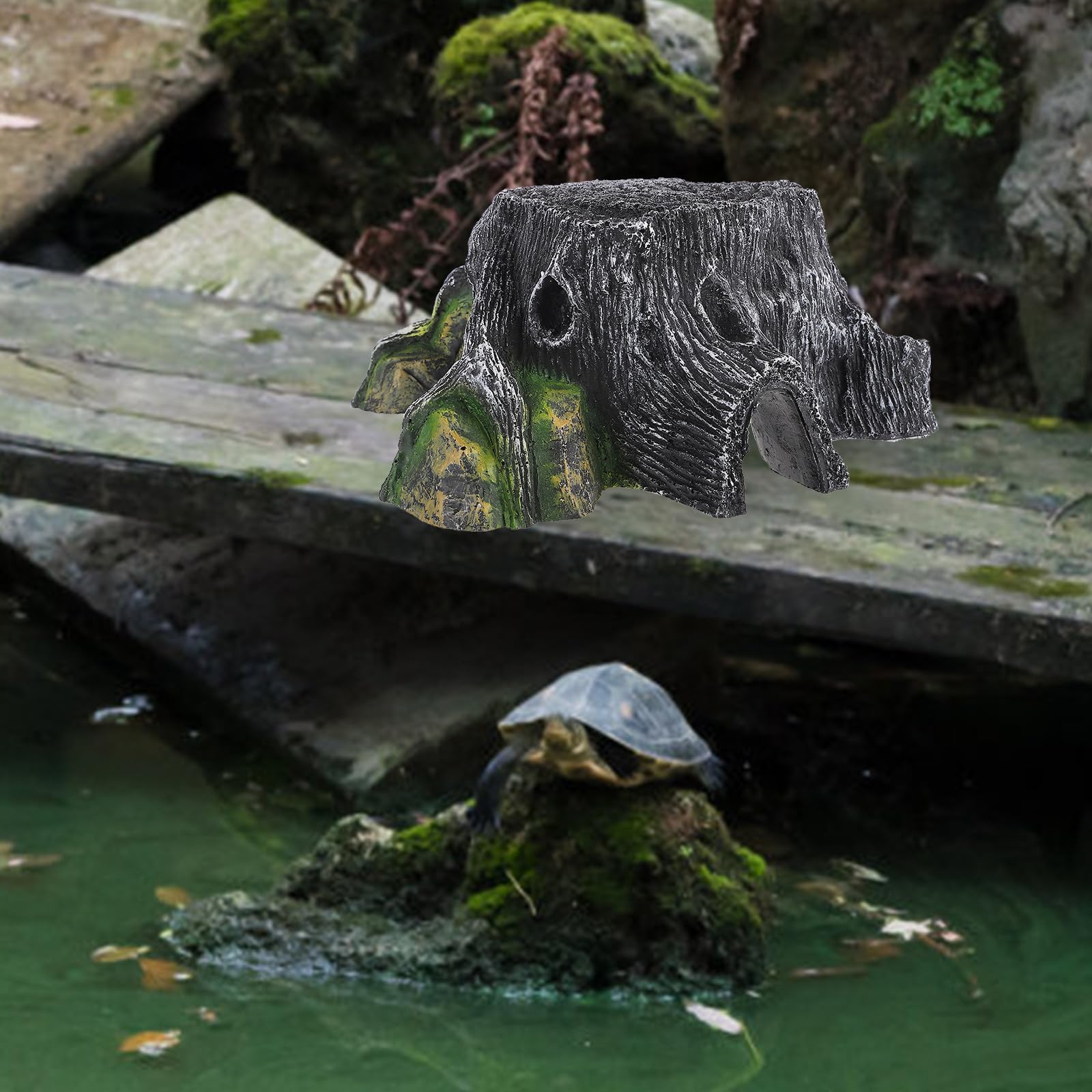 Kichvoe Plataforma para Tortugas Decorativa de Resina, Tronco y Piedra