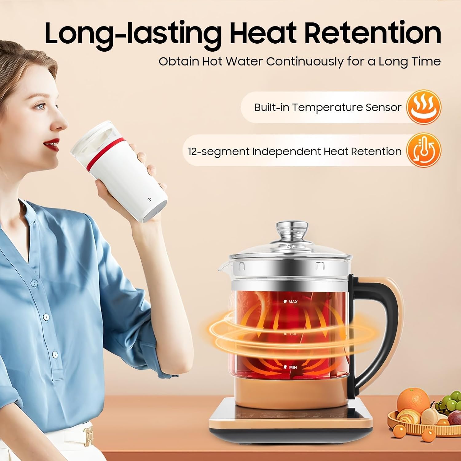 Electric Glass Kettle 1.8L 800W, Multifunctional Health Pot Maker with Temperature Control, Tea Infuser & Egg Steamer, 12 Modes Hot Beverage Kettle for Tea Coffee Soup