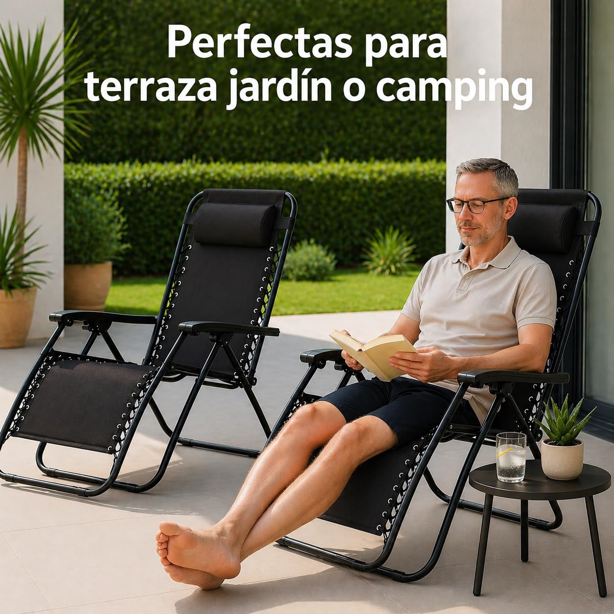 TIENDA EURASIA – Pack 2 Tumbonas Plegables Reclinables para Jardín y Exterior | 95x65x105 cm | Estructura de Acero | Cojín Incluido | Tejido Transpirable | Multi-Posiciones (Negro)
