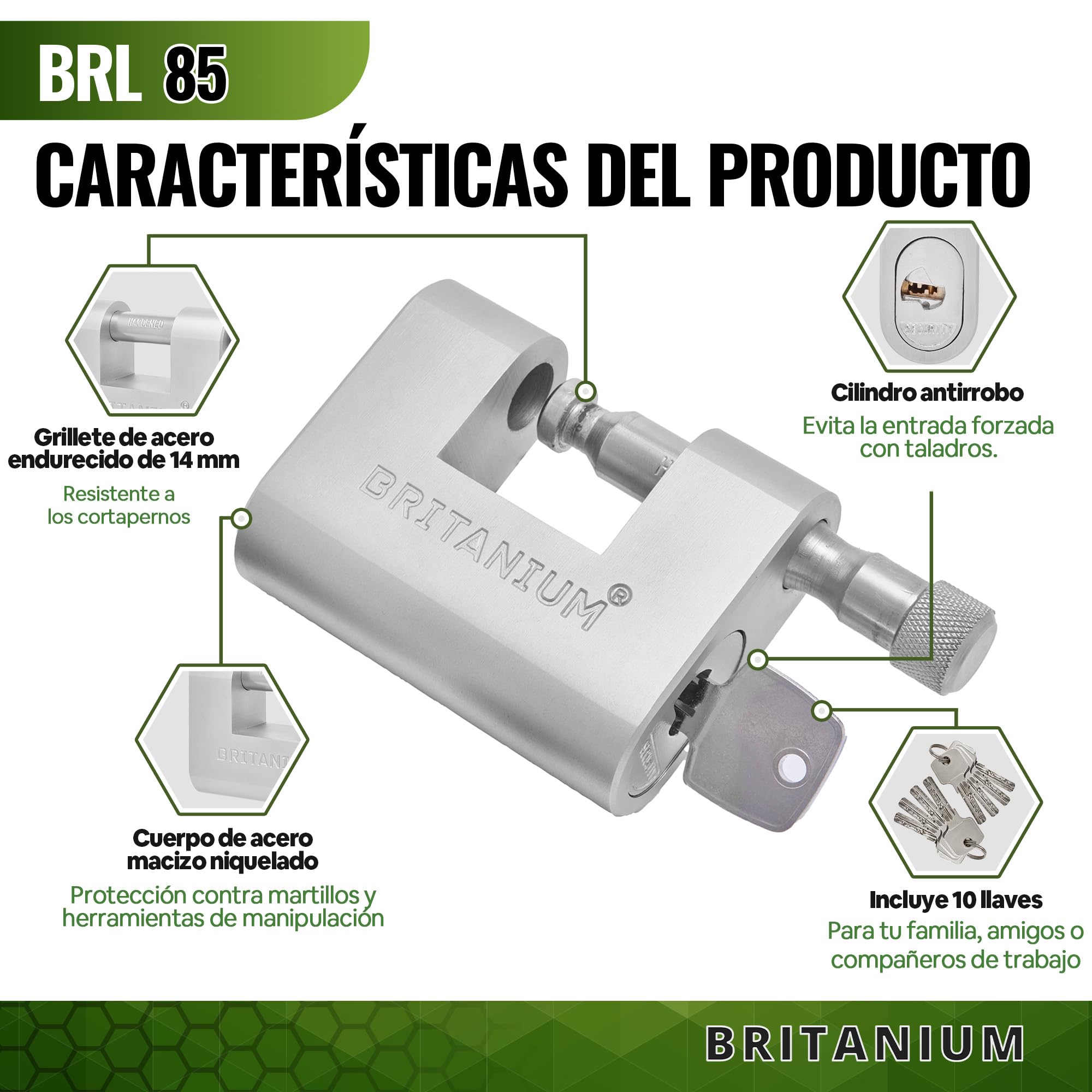 BRL85 Candado de Seguridad Blindado de Alta Seguridad. Cerradura para Contenedor. Cilindro de Seguridad Antitaladro y Resistente. Candados para Puertas, Motos, Cobertizos y Garajes