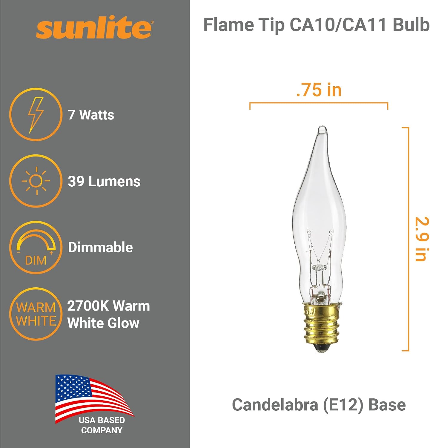 Sunlite 40342 Incandescent Petite Flame Tip Chandelier Light Bulb, 7 Watts, Candelabra Base (E12), Dimmable, for Chandeliers, Sconces, Fixtures, 24 Count