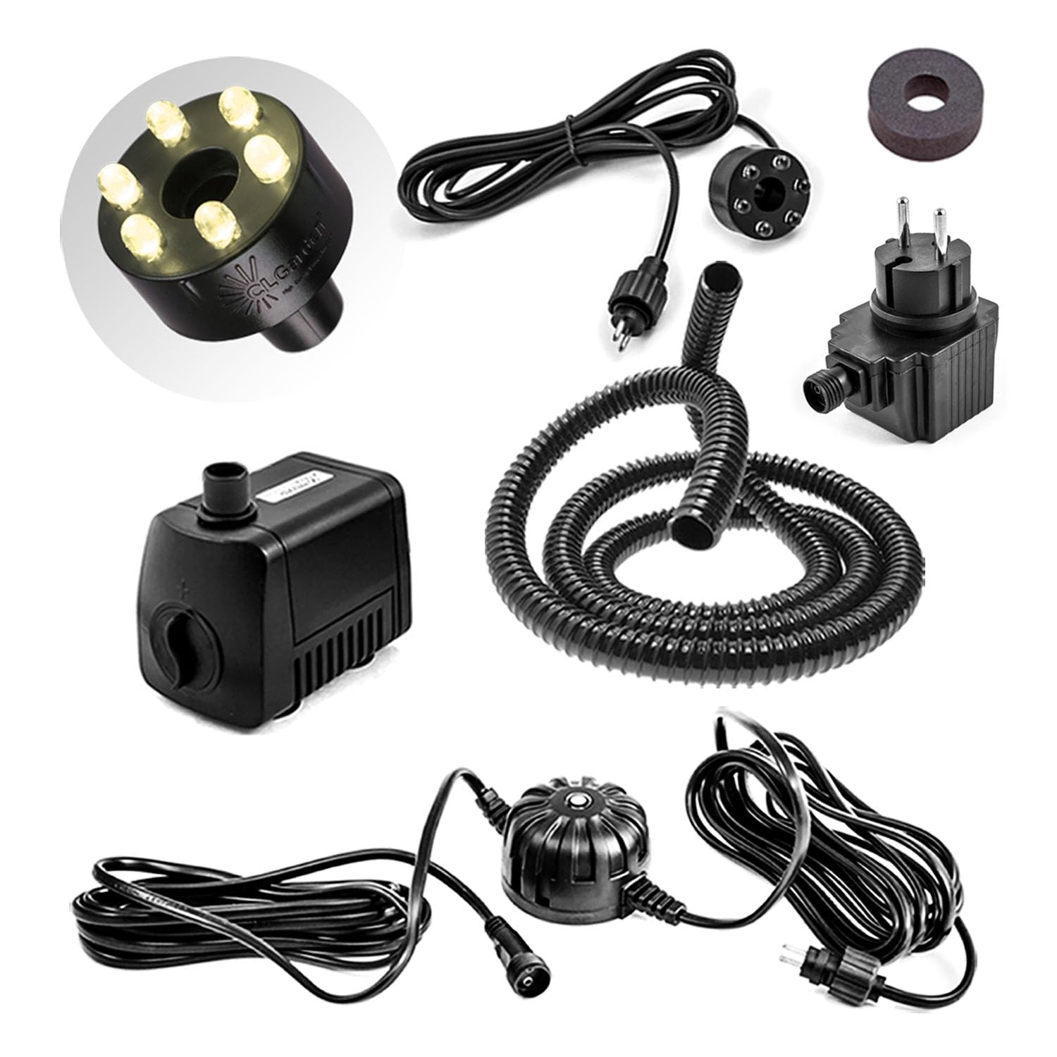 CLGarden SP1-SL Springbrunnen Pumpe LED Ring Beleuchtung warmweiß mit Lichtsensor 12 V AC inkl. 1m Schlauch Schaumstoffdichtung Zierbrunnen Teich