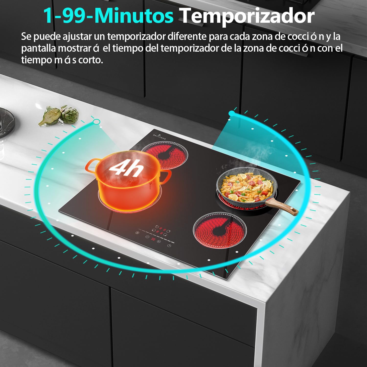 Placa Vitroceramica 4 Fuegos, Placas Vitrocerámica Empotrable | 60 cm, Control Táctil Deslizante, Bloqueo de Seguridad, Temporizador, Función Pausa, 220 V - 240 V, 6000 W, sin Enchufe