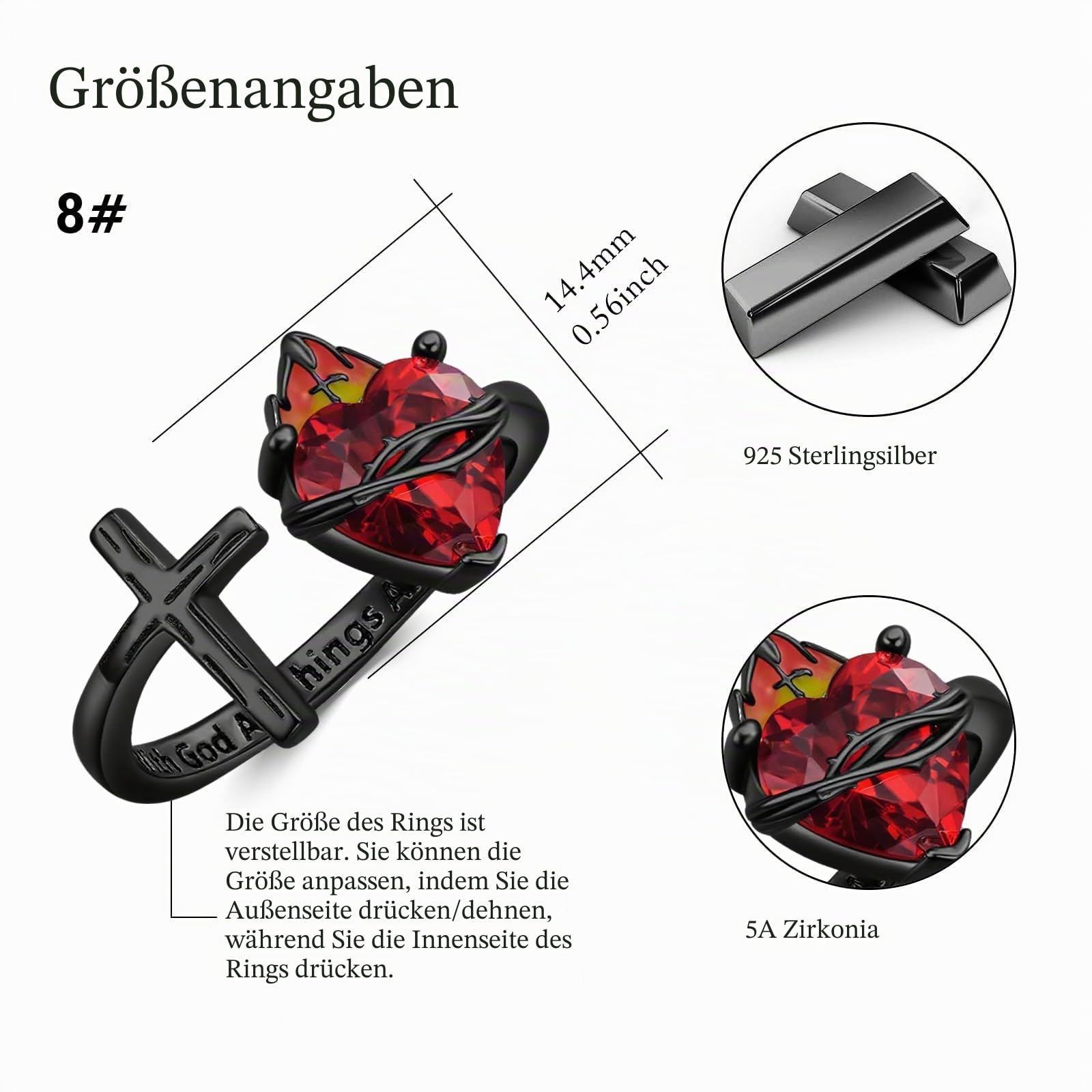 Heiliges Herz Ringe Verstellbarer Offener Ring Gold/Schwarz/Weißgold Kreuz Jesu Ringe Christlich für Frauen Mädchen Weihnachts Geschenke