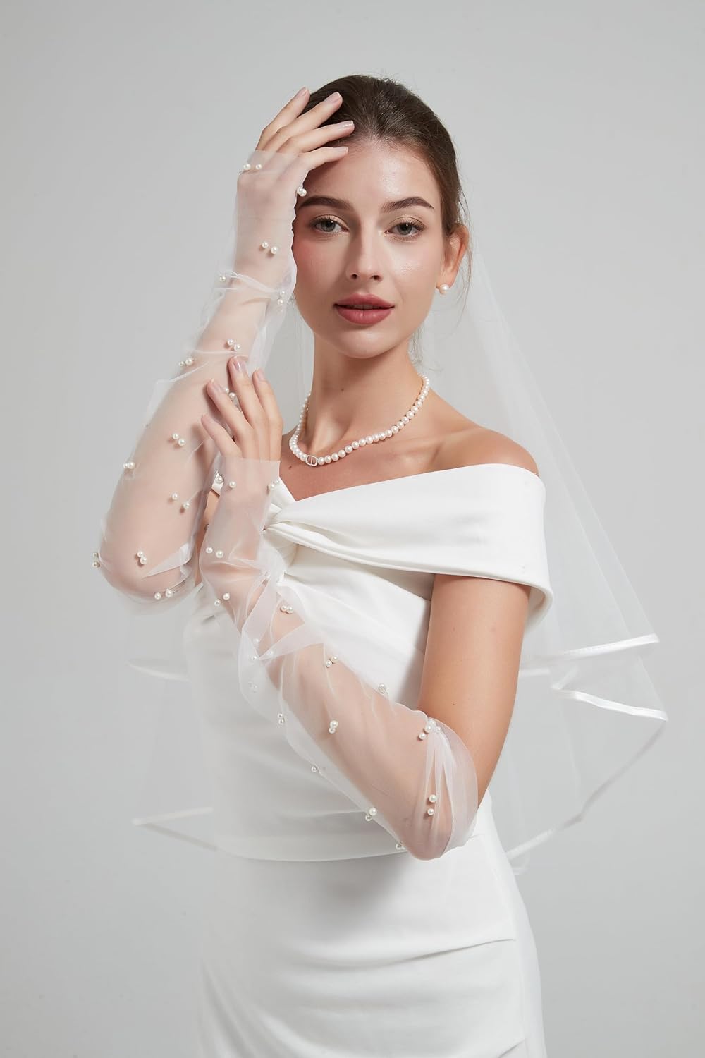 White Lace Sheer Gloves,Bridal Accessories with Pearls for Wedding, Fingerless Gloves, Long Elbow Wedding Armwear for Tea Opera Party and Hallowmas Costume - Image 2