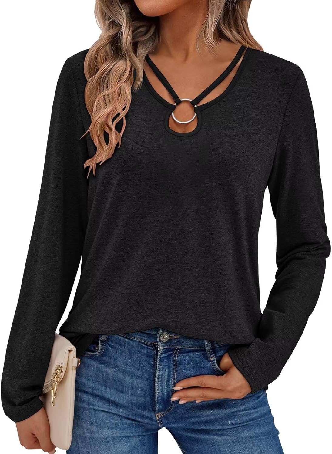 Women’s Long Sleeve Tops Keyhole Neck Detail Crew Neck Shirts Ring Cut Out Design Stretchy Tees 2025 Women’s Long Sleeve Tops Keyhole Neck Detail Crew Neck Shirts Ring Cut Out Design Stretchy Tees 2025