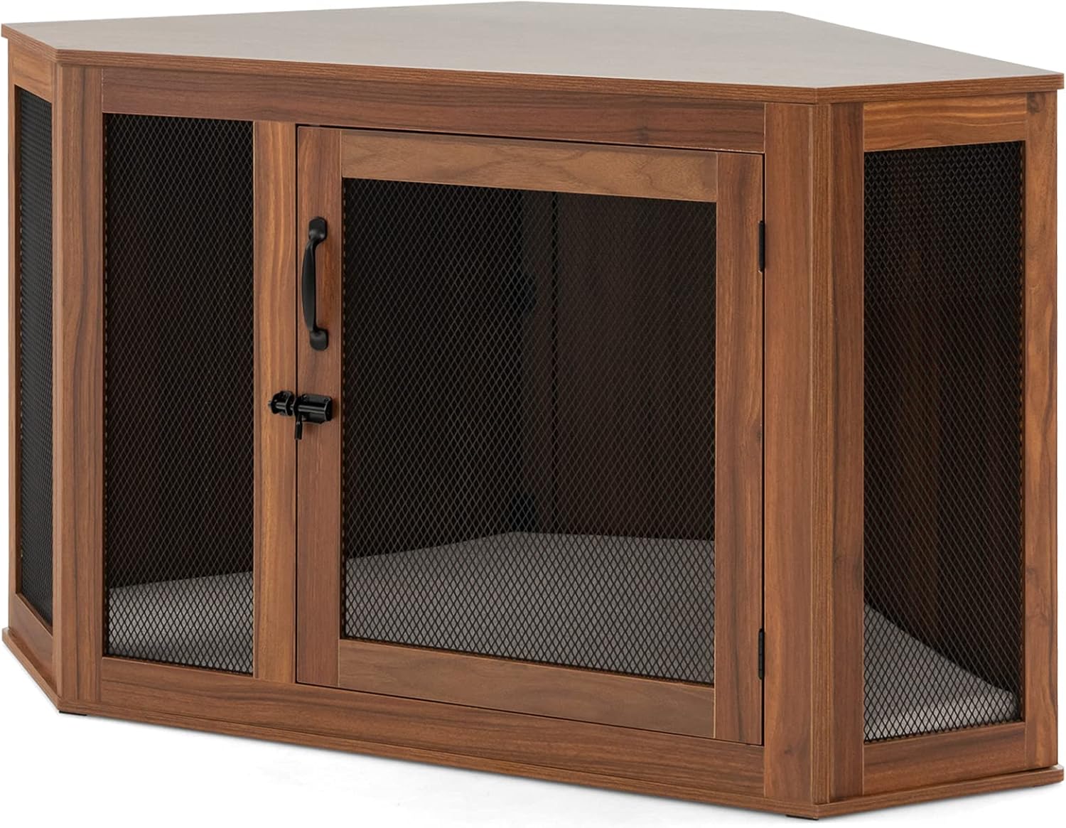 COSTWAY Eck-Hundezwinger, Hundebox mit Tür und Kissen, Haustierbox im Möbelstil für kleine Hunde, Katzen, Haustiere, Tierkäfig, Hundekäfig, Hundehütte, Tierhütte, Zuhause, Innenbereich, Braun, 114 x 60 x 68 cm