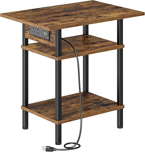 Miniatura 13 de Mesa auxiliar alta con estación de carga, mesita de noche delgada con puertos USB y tomacorrientes, mesa auxiliar estrecha de 3 niveles con