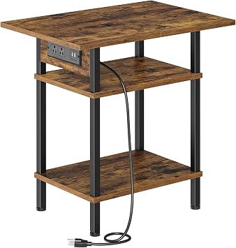 Asgolion Side Table with Charging Station, Skinny Nightstand with USB Ports and Outlets, 3 Tier Narrow End Table with Storage