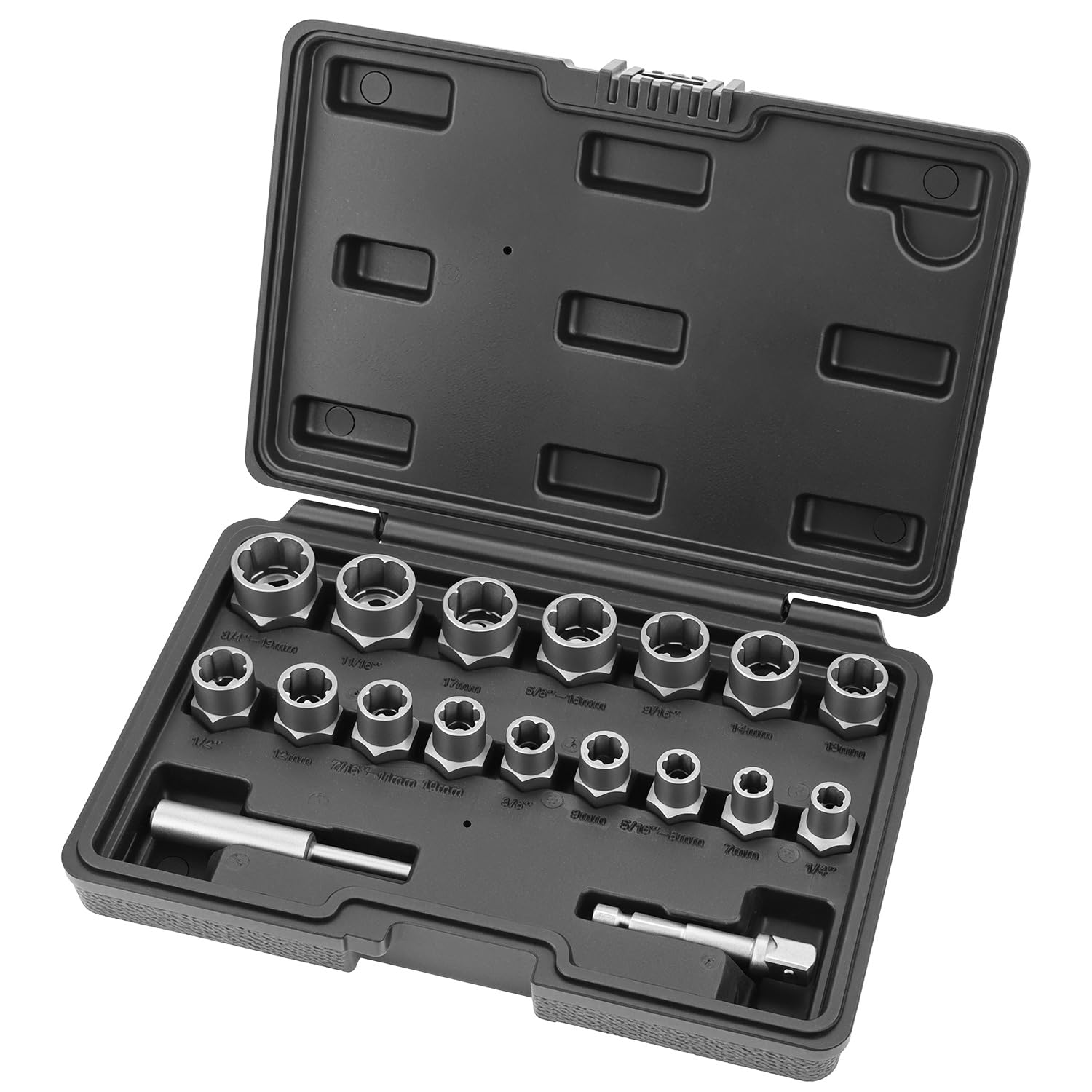 QWORK® 18Pcs Bolt Extractor Kit, Rounded Bolt Remover with 3/8" Drive, Chrome Molybdenum Steel, Black Oxide Finish,for Removing Broken and Damaged Nuts and Screws