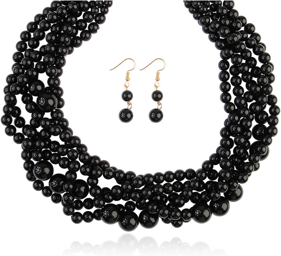 Braided Chunky Cluster Bead Bubble Statement Necklace - Multi Strand Twisted Colorful Twisted Bib Collar Acrylic, Sparkly Crystal