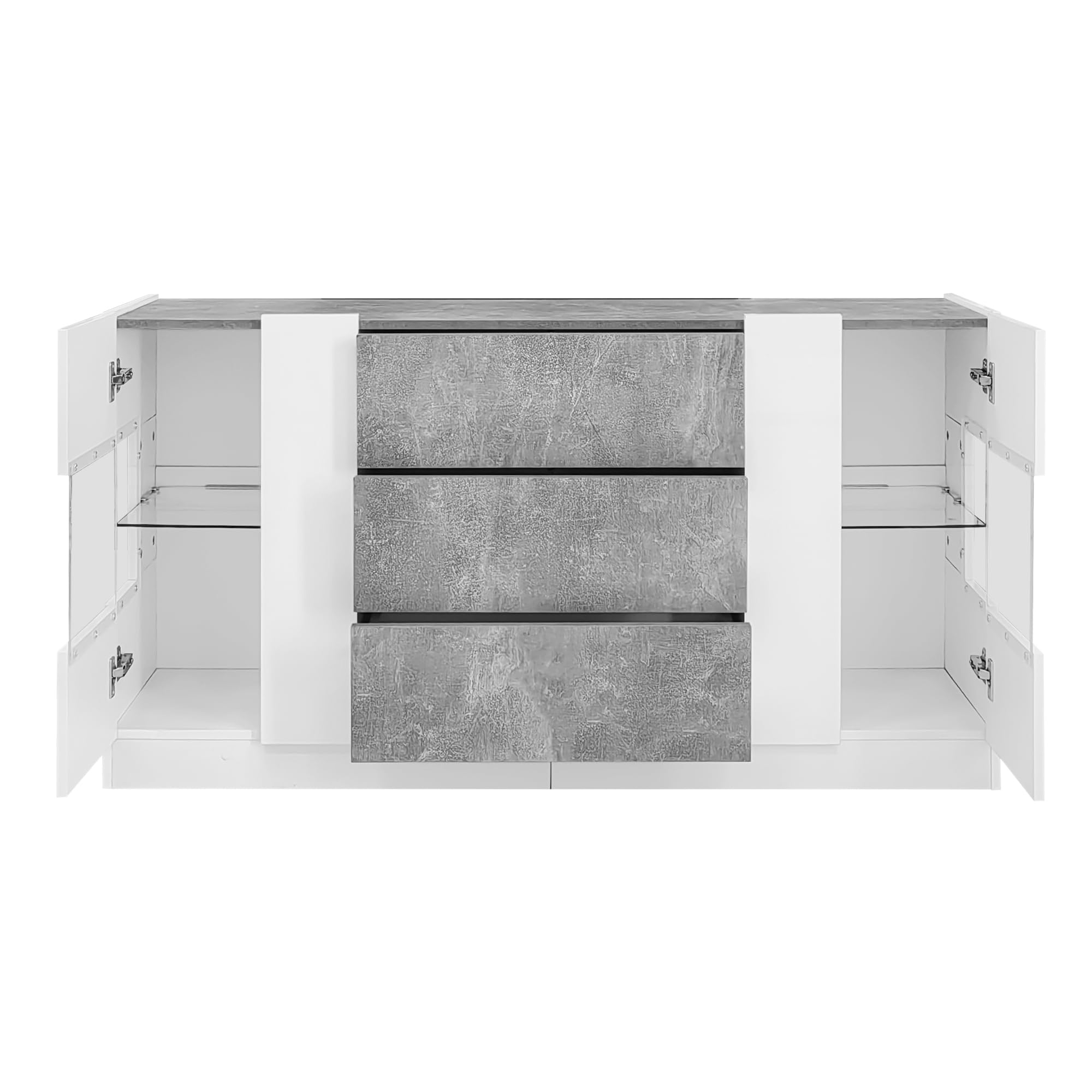 Elegante credenza con 2 ante e 3 cassetti - Frontali bianchi lucidi e effetto marmo grigio, illuminazione a LED a 16 colori, 140 x 35 x 75 cm