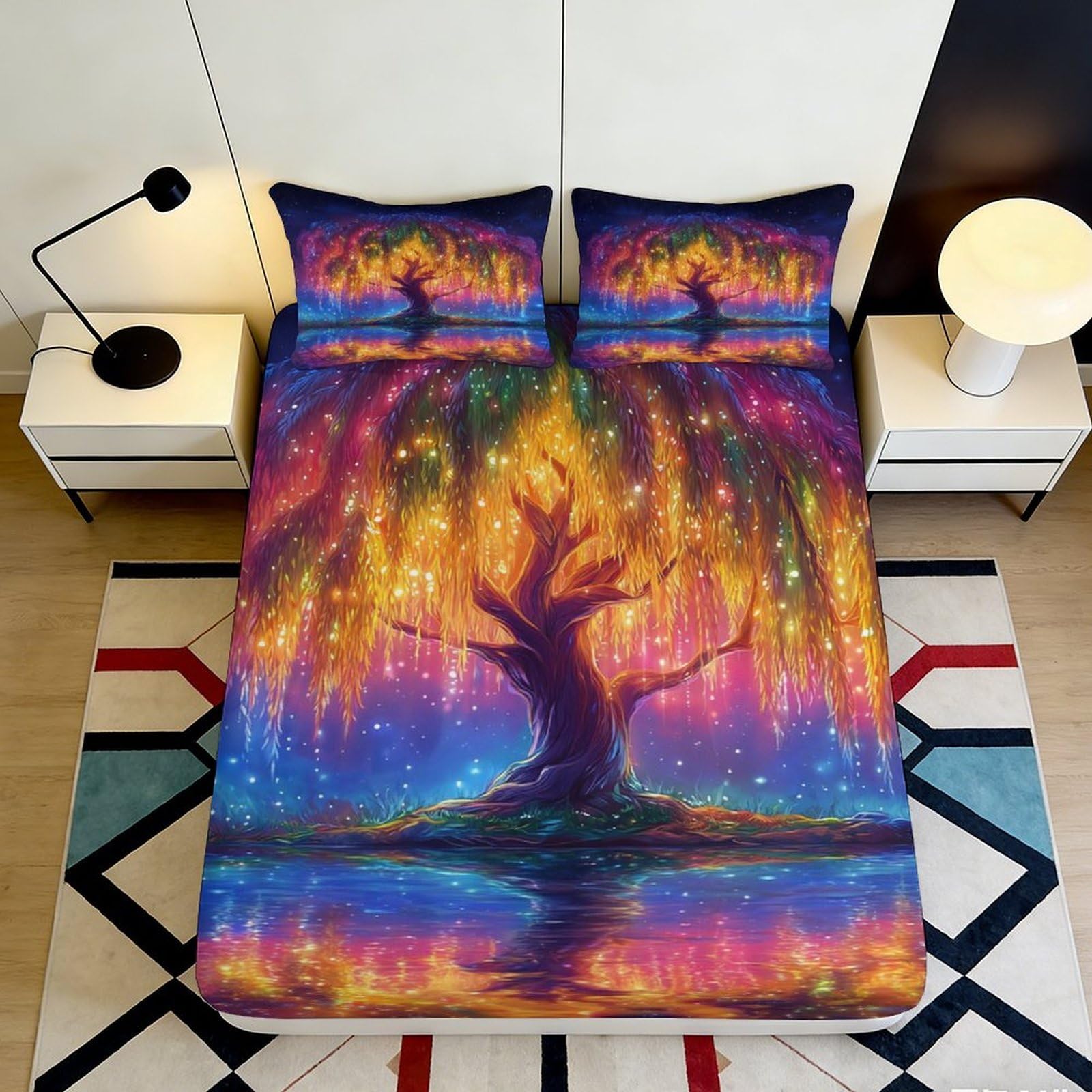 3D Printed Fantasy Tree Fitted Sheet Microfiber Soft Multicolor Aurora Mattress Cover Bedroom Decor 90x200x25cm