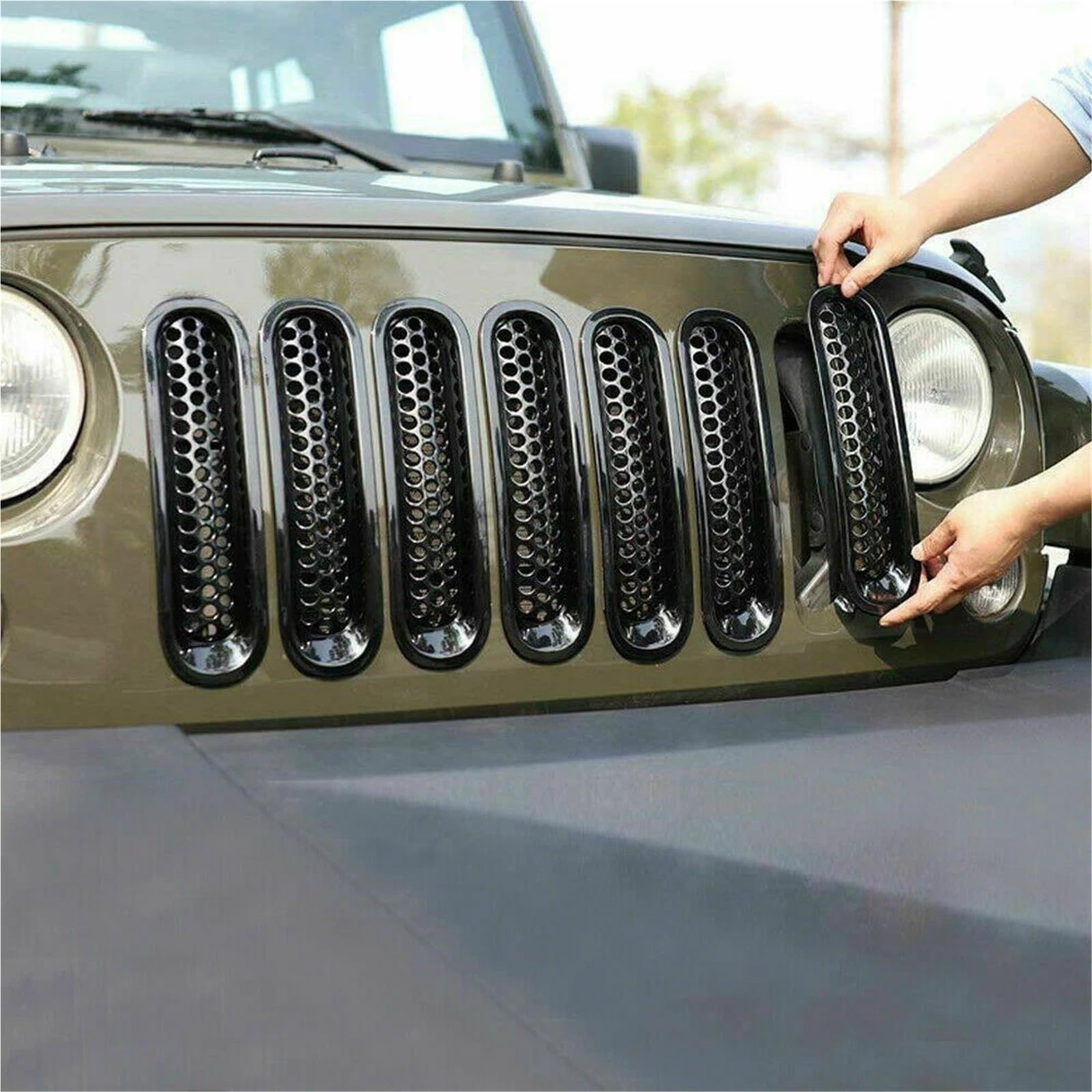 przód kratki chłodnicy Do Jeep Wrangler JK 2007-2017 Błyszczący czarny przedni grill Siatka Wkładka Osłona grilla Naklejki ochronne 7 SZT./ZESTAW(Glossy Black)