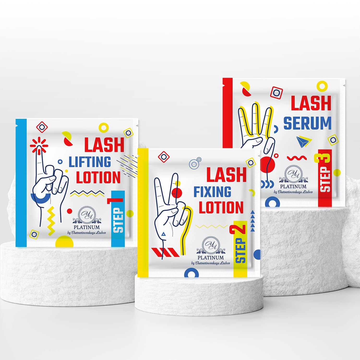 PLATINUM by Chetvertinovskaya Liubov Set for lifting eyelashes and eyebrows Sachets Lashlift Browlift Sachets 1,5ml Step 1 2 3, 1,5ml