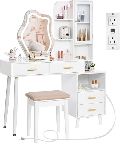 ANWBROAD Juego de tocador de tocador de maquillaje con espejo iluminado, toma de corriente, juego de mesa de tocador de maquillaje con estación de