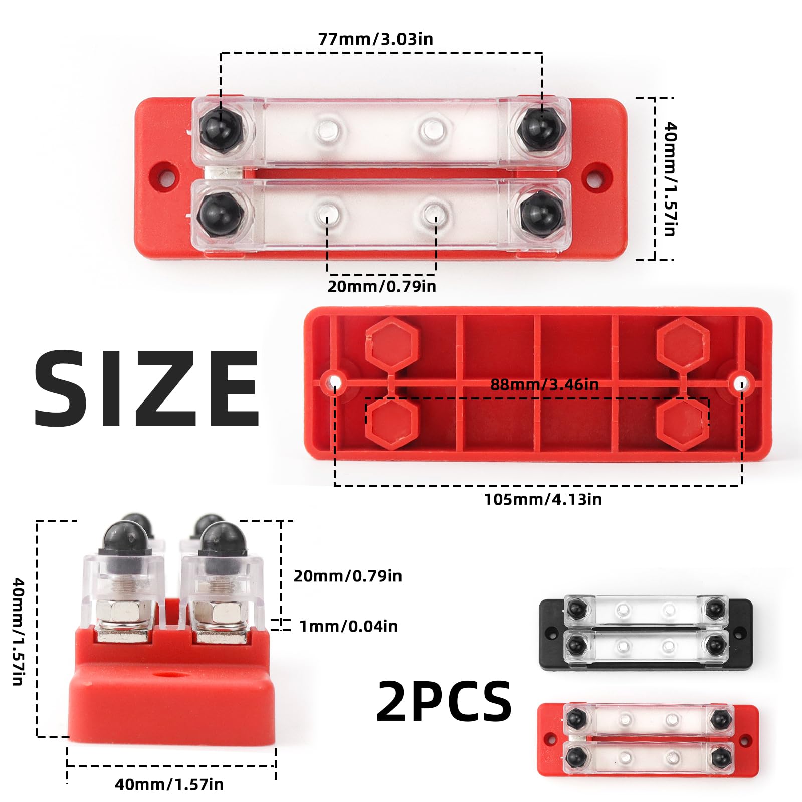 Distributore di corrente con barra collettrice, 12 V-48 V CC, 250 A, 4 bulloni a vite M8, 2 pezzi, Nero-Rosso (B-Nero e Rosso)