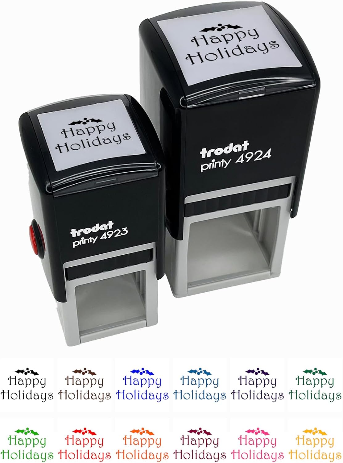 Happy Holidays Christmas Holly Festive Text Self-Inking Rubber Stamp Ink Stamper - 1-1/2 Inch Large - Red Ink