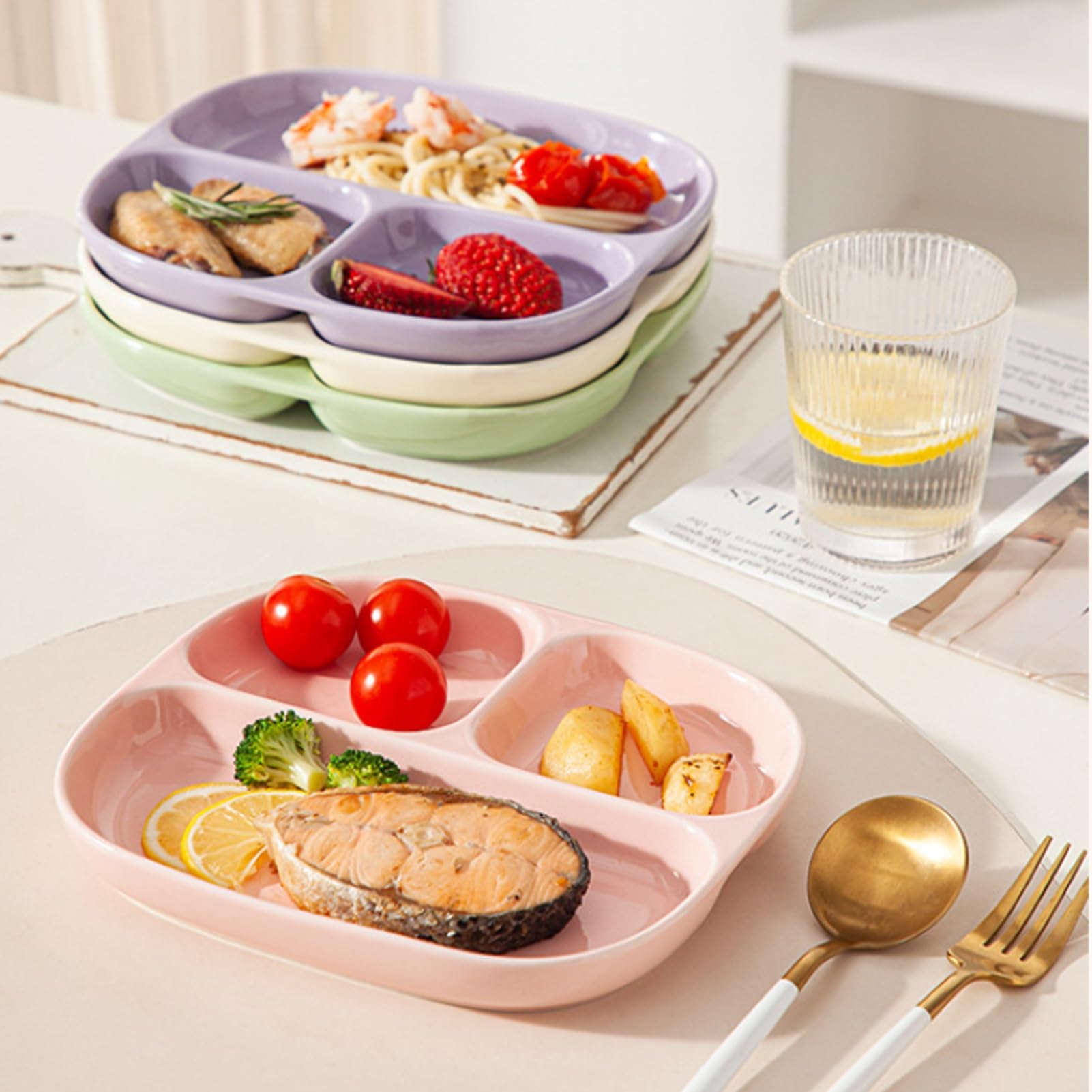 Piatti per il controllo delle porzioni – Set di piatti da portata divisi, ideali per cena, pasta, frutta e insalata