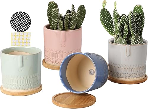 AOMRYOM Macetas de cerámica de 4 pulgadas con orificio de drenaje y platillo de bambú, macetas pequeñas de estilo tribal para plantas de flores de