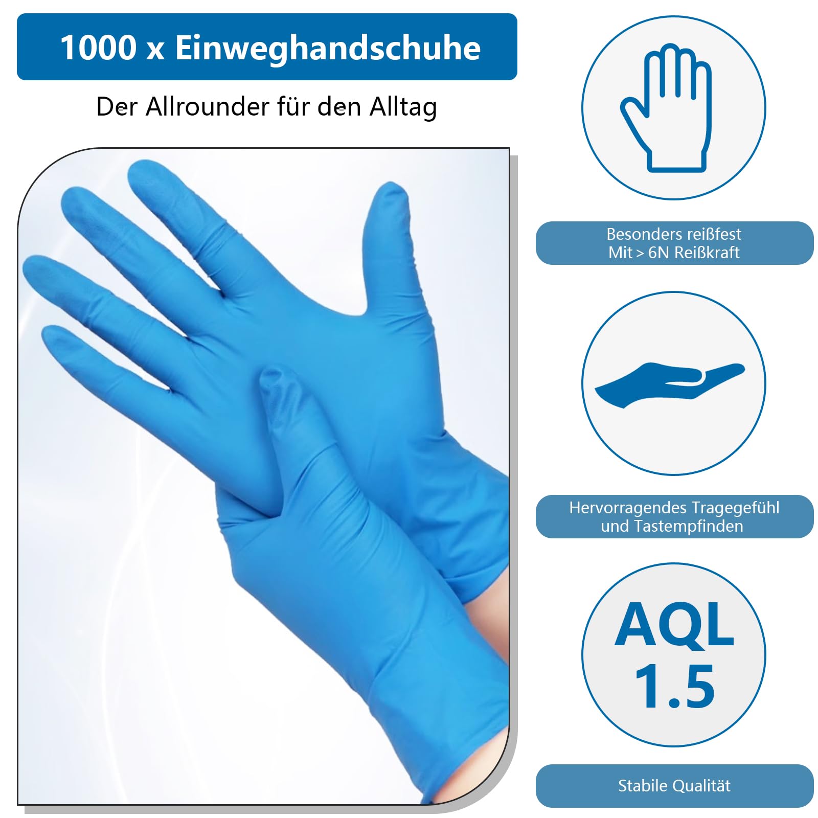 1000 x Einweghandschuhe, blau, puderfrei, latexfrei,Handschuhe aus reißfestem Nitril,Einweghandschuhe aus dickem Nitril,S,M,L,XL,für Medizin, Kosmetik und Lebensmittel (1000, M)