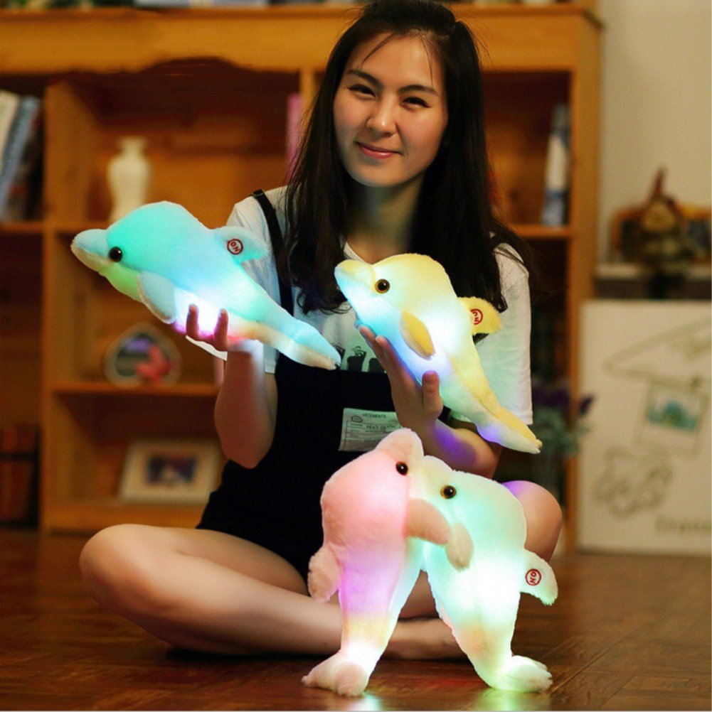 7 cambi di colore LED Lighten Giocattolo farcito con i delfini Cuscino peluche Luce notturna (Blu, 30cm)