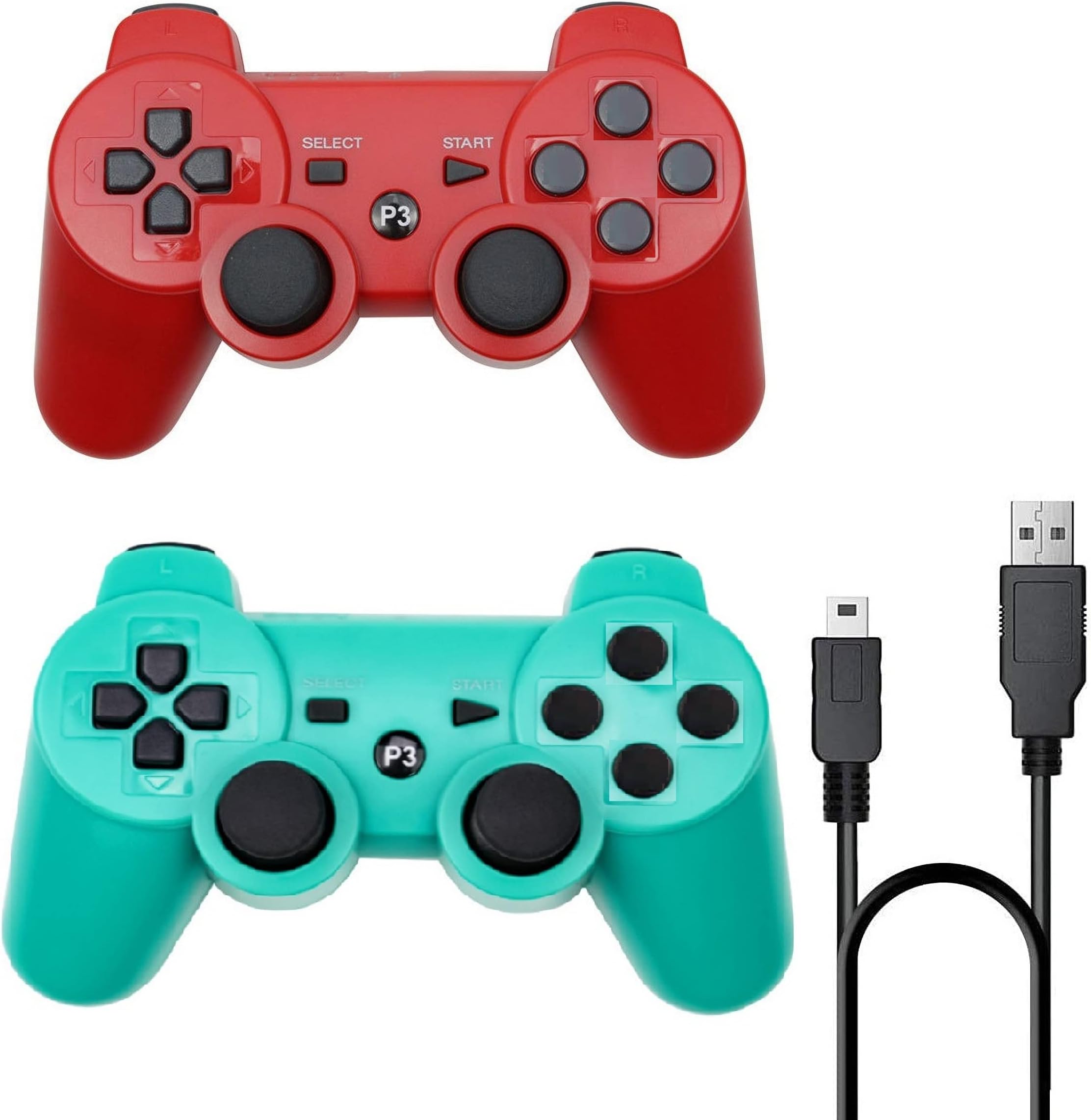 Rzzhgzq 2 Pack PS3 Wireless Controller Playstation 3 Controller Wireless Bluetooth Gamepad with USB Charger Cable for PS3 Console (Red+Green)