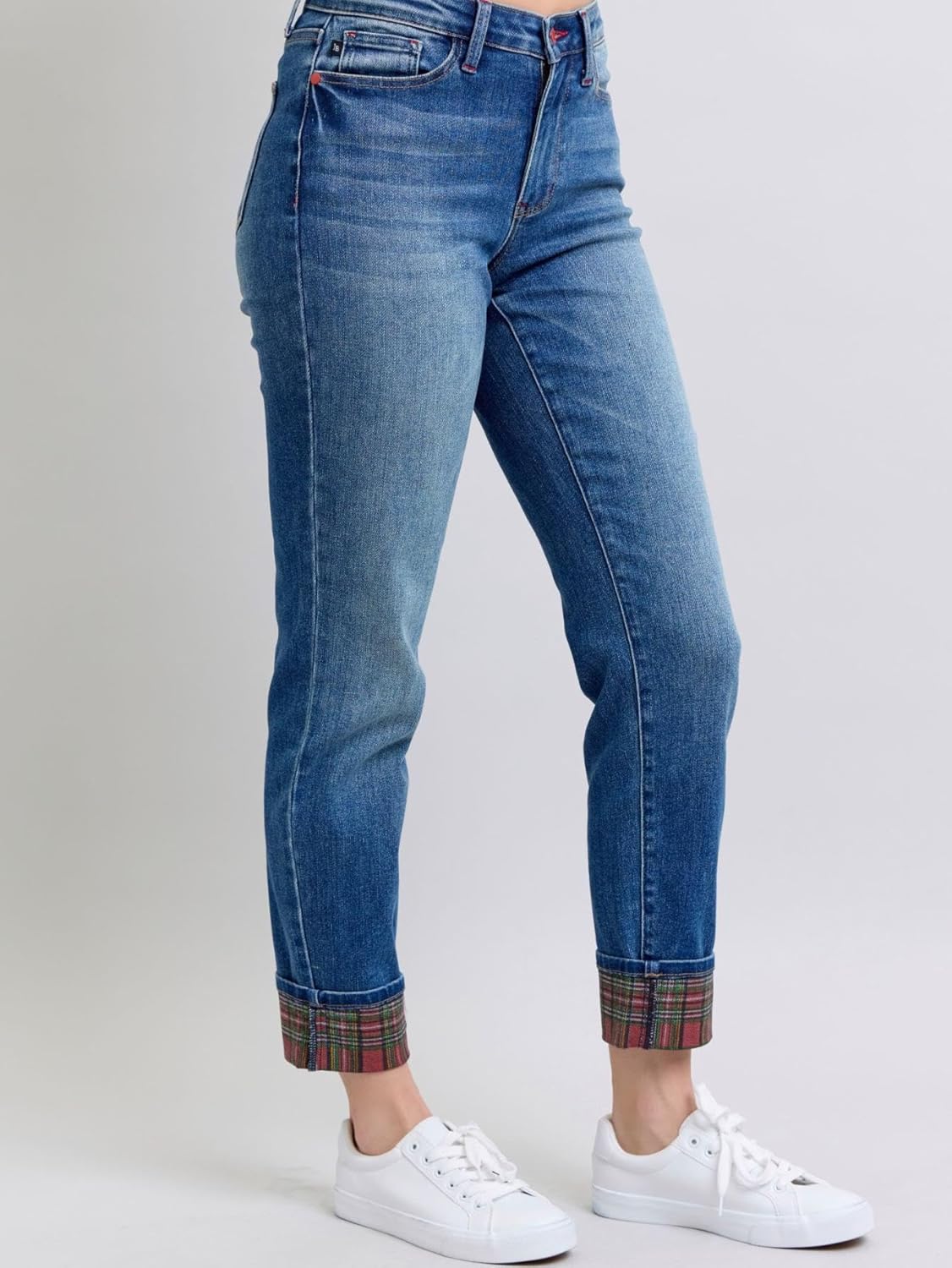 Judy-B Women's Casual Straight-Leg Jeans High-Waisted Plaid Print Cuff Denim Pants with Pockets Medium Blue - Image 7