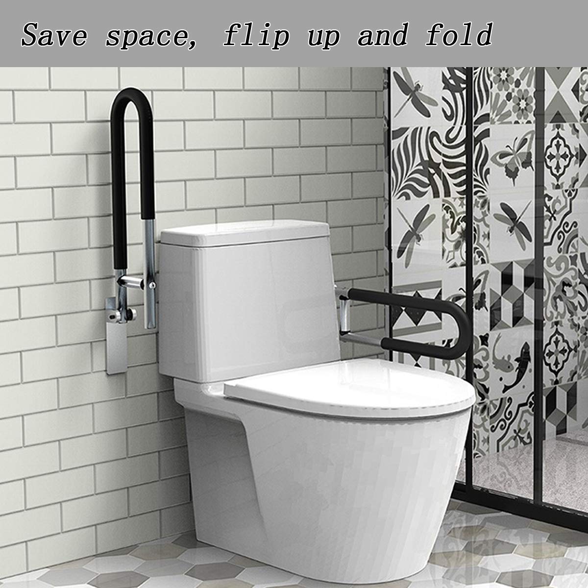 FlySkip Barra di supporto per WC, pieghevole, 61 cm, per disabili, montaggio a parete, per bagno e doccia, antiscivolo, per donne incinte e disabili