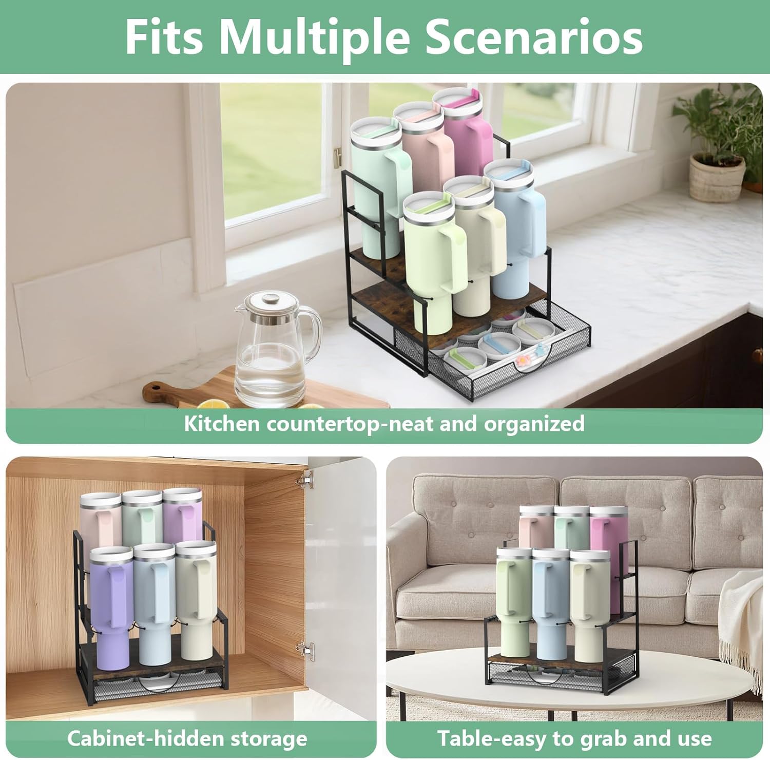 Water Bottle Organizer for Stanley, 3-Tier Tumbler Organizer Rack with Storage Basket for Cup Accessories, Stanley Cup Holder for Kitchen Counter or Cabinet