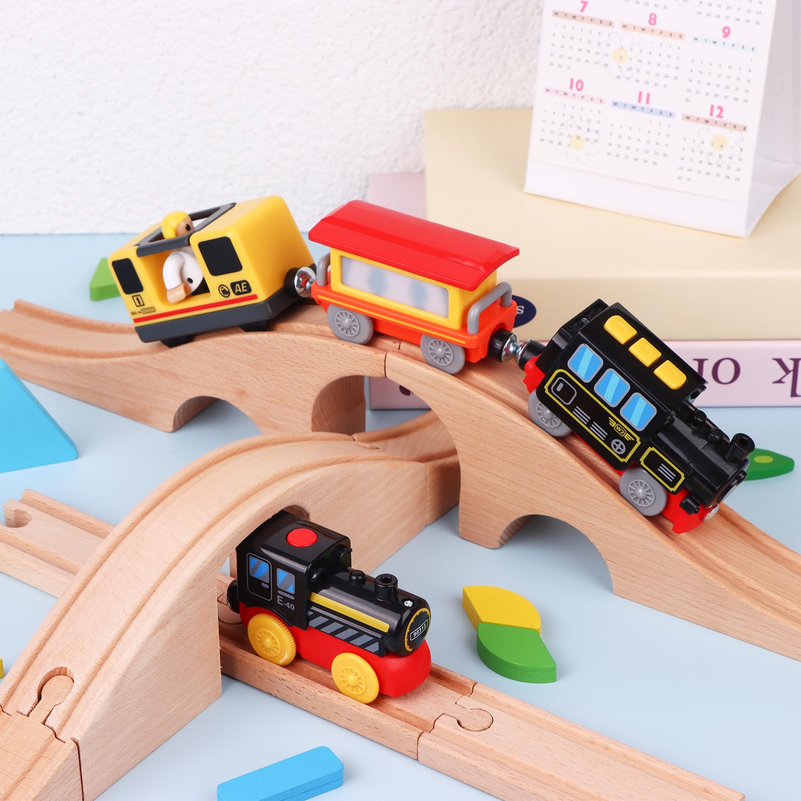 8 Pieces Wood Train Track Expansion Set Wooden Train Bridges Straight Wooden Train Tracks Accessories for Most Major Toy Train Tracks Railway - Image 3