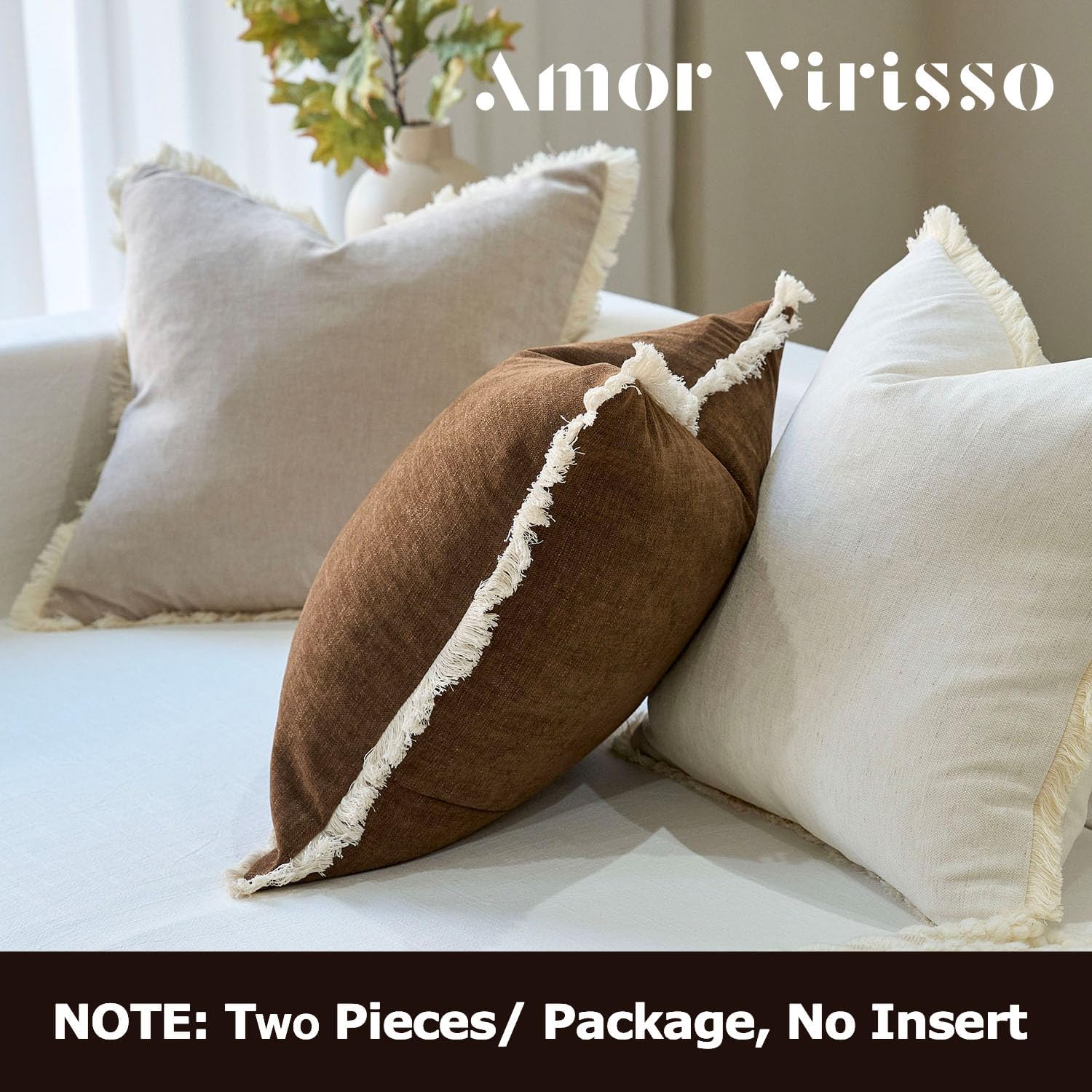 Amor Virisso Fringe Throw Pillow Covers 18x18 Set of 2 Boho Neutral Farmhouse Decorative Pillow Covers with Tassels for Couch Sofa Bed, Neutral