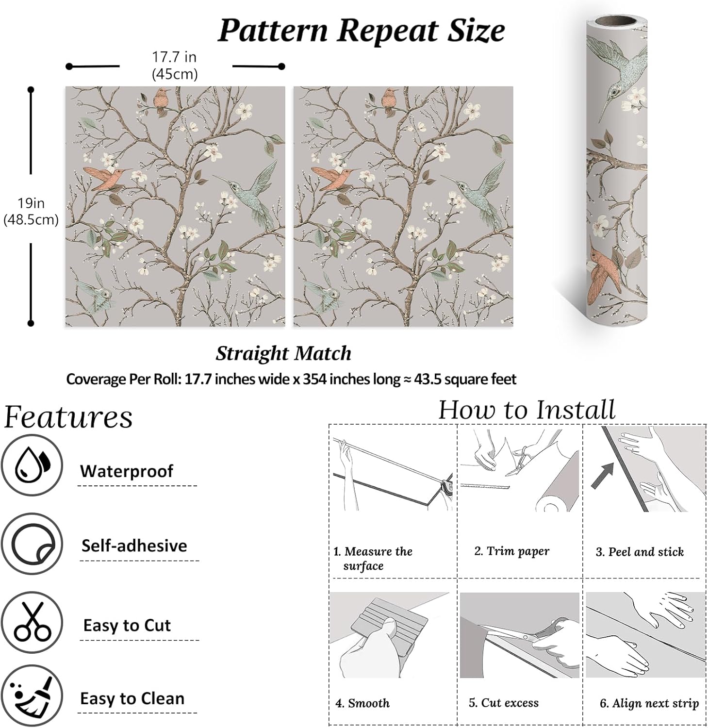 VEELIKE Vintage Chinoiserie Wallpaper Peel and Stick Grey Bird Wallpaper Removable Cherry Blossoms Floral Wallpaper for Bedroom Bathroom 17.7''x354'' Self Adhesive Floral Contact Paper for Cabinets