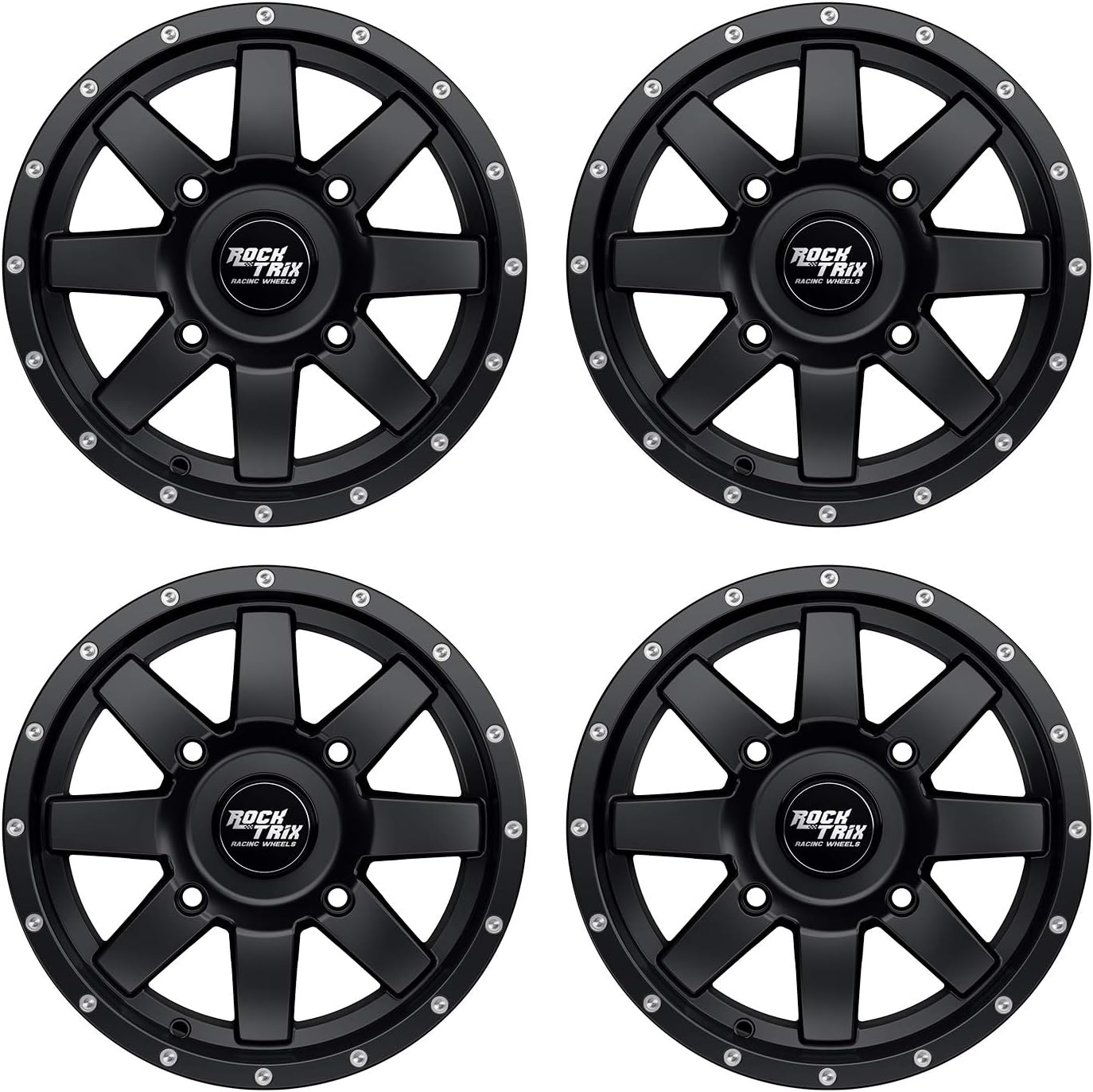 RockTrix RT106 14in ATV Wheels Rims 14x7 Matte Black, 4x156 Bolt Pattern, 4+3 offset, Compatible with Polaris Sportsman RZR Ranger - 4/156 (Set of 4)