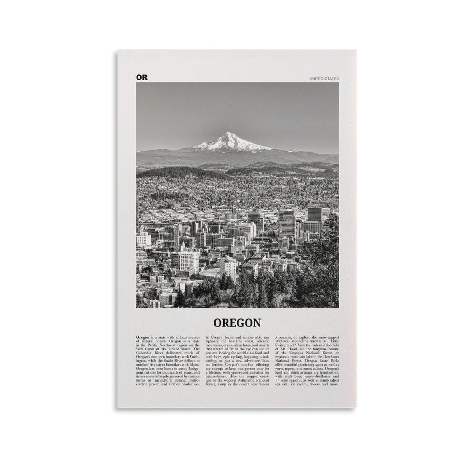 LZTEN Oregon Print Black And White View, Oregon Wall Art, Oregon Poster, Oregon Photo, Oregon Wall Décor, Oregon Map, United States Canvas Wall Art Poster U